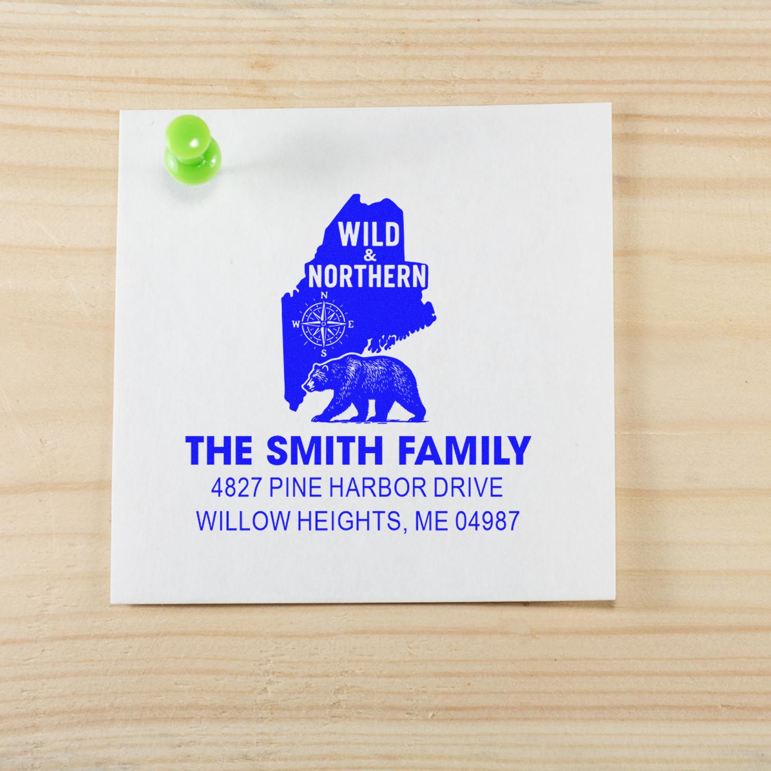 Custom return address rubber stamp with Wild & Northern bear design for The Smith Family, Willow Heights, ME 04987.