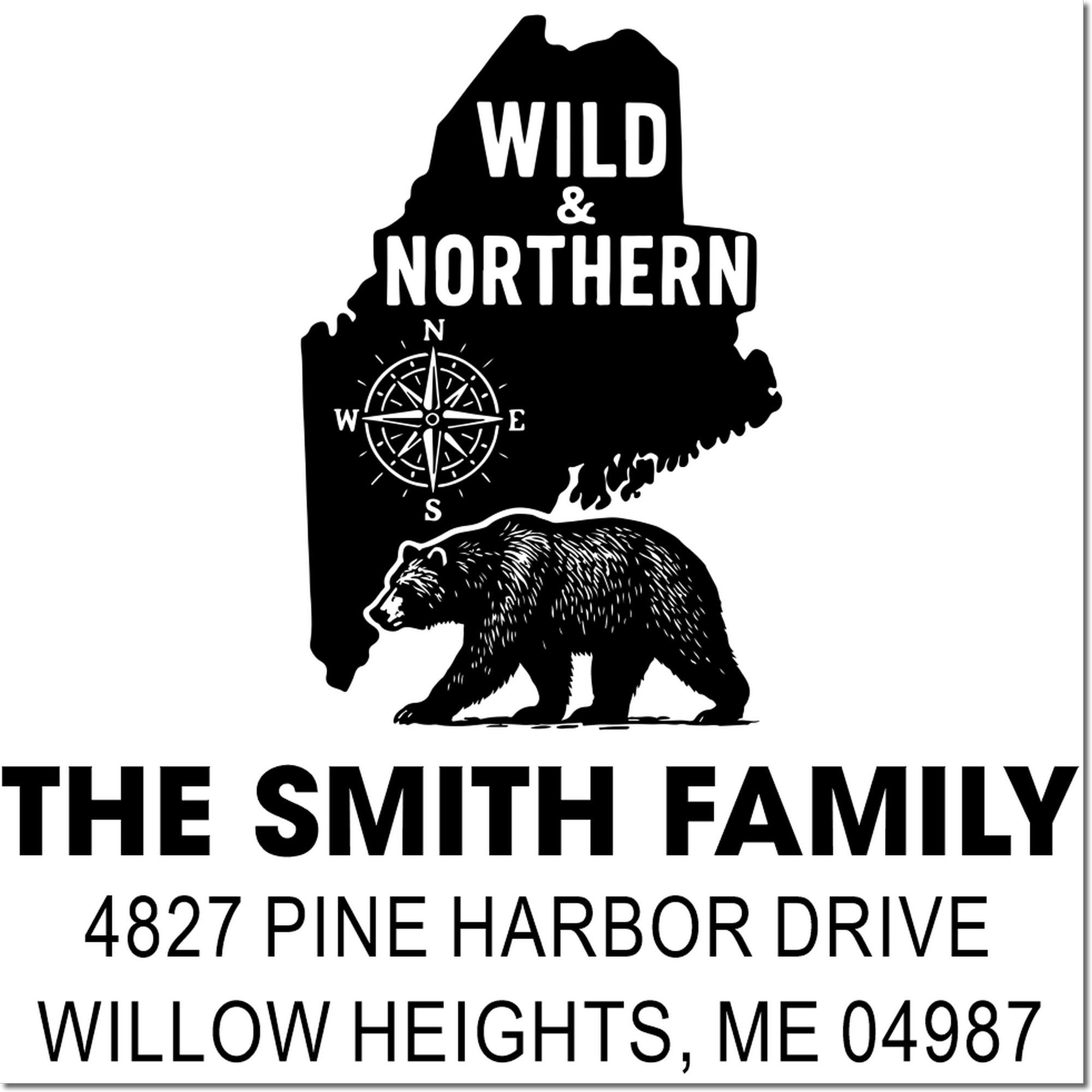 Custom Maine rubber address stamp with bear and compass, featuring The Smith Family name and return address for a wild northern design.