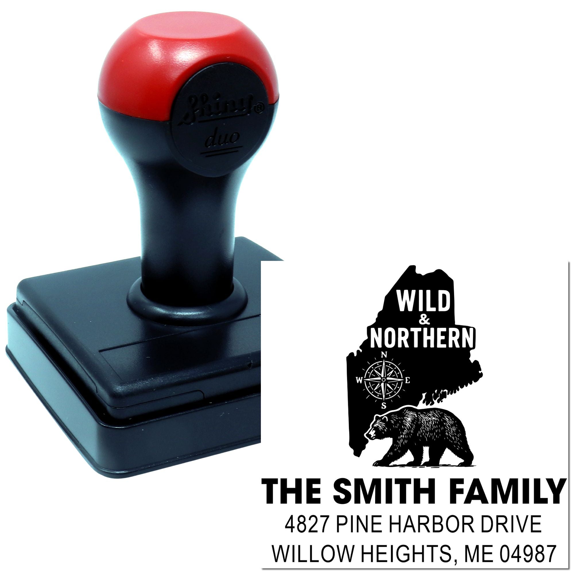 Custom self-inking rubber stamp with Maine bear design and personalized family address for mailing labels.