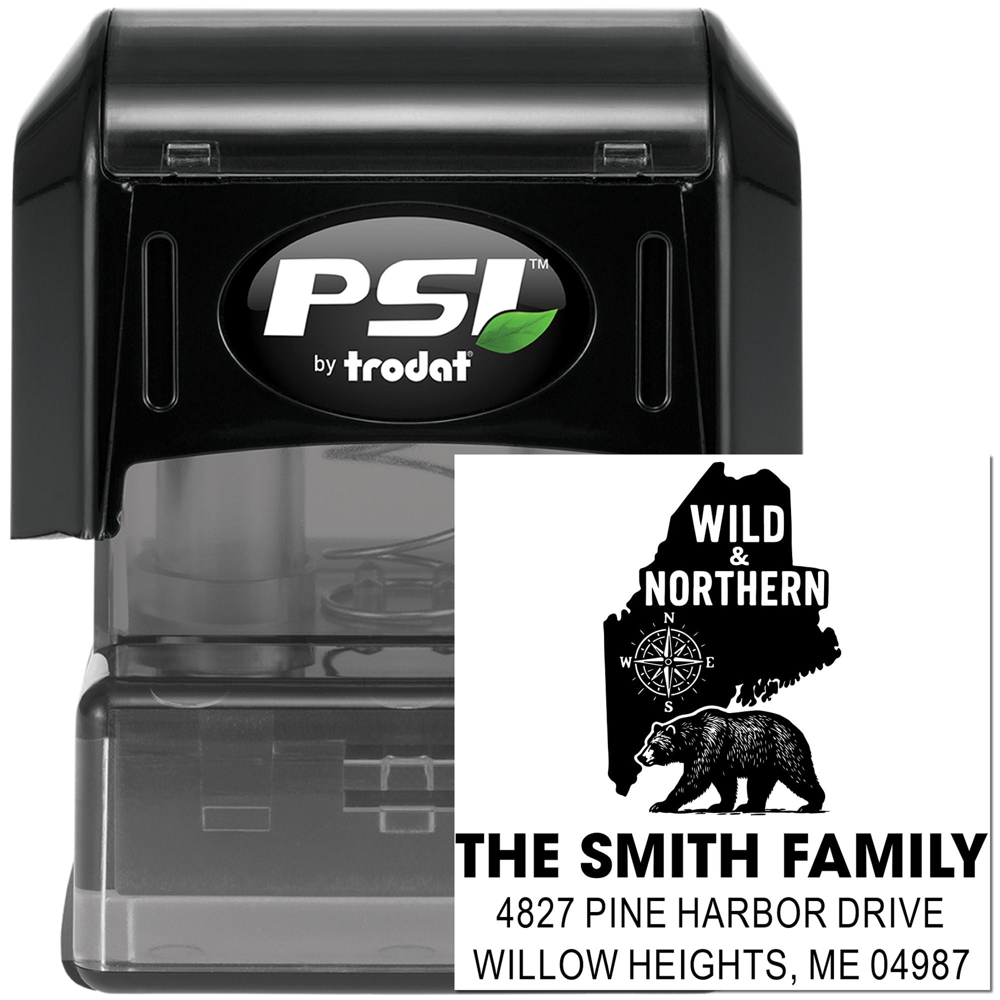 PSI by Trodat self-inking custom return address rubber stamp with Maine bear family design