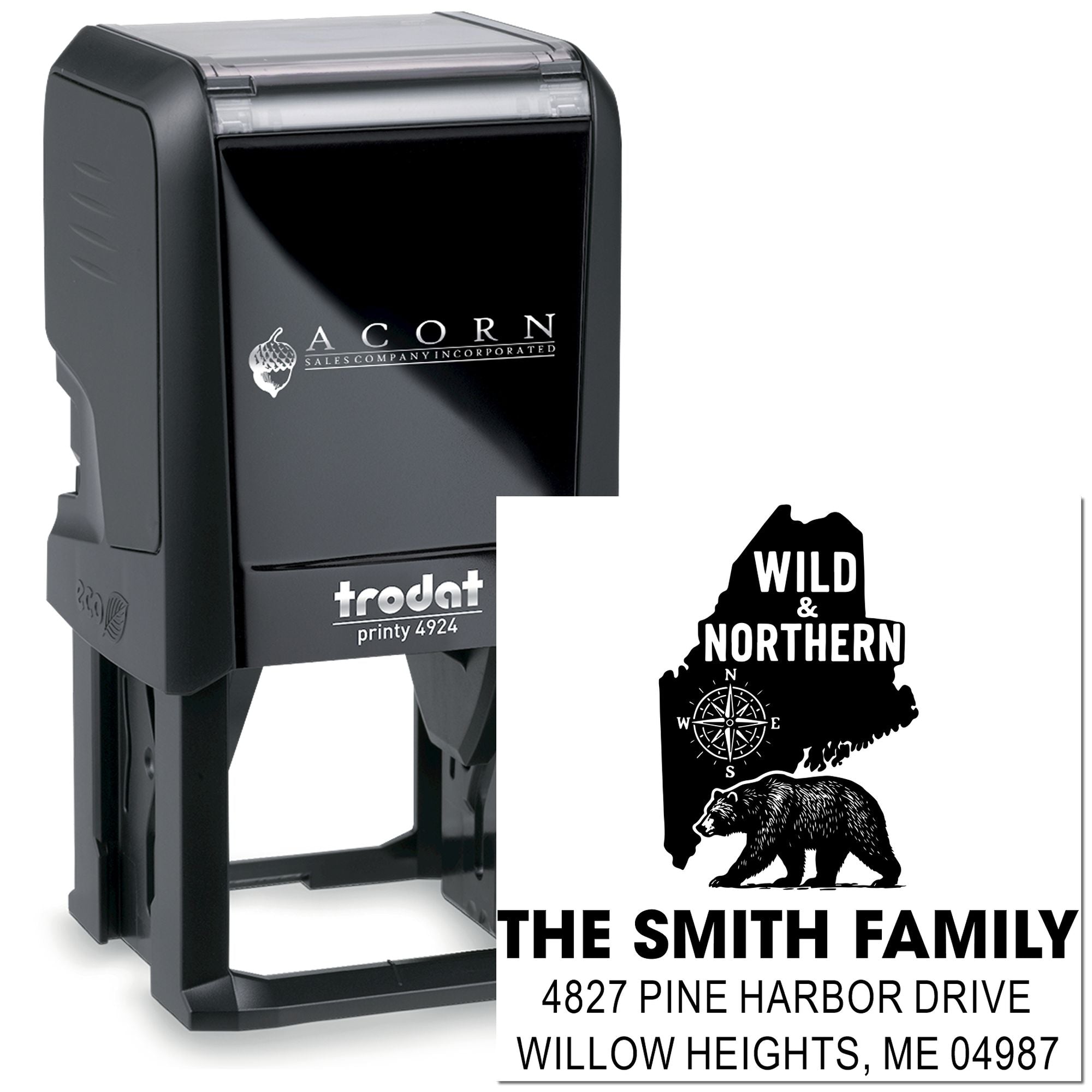 Trodat Printy 4924 custom self-inking rubber stamp with Maine wildlife family name and address design.
