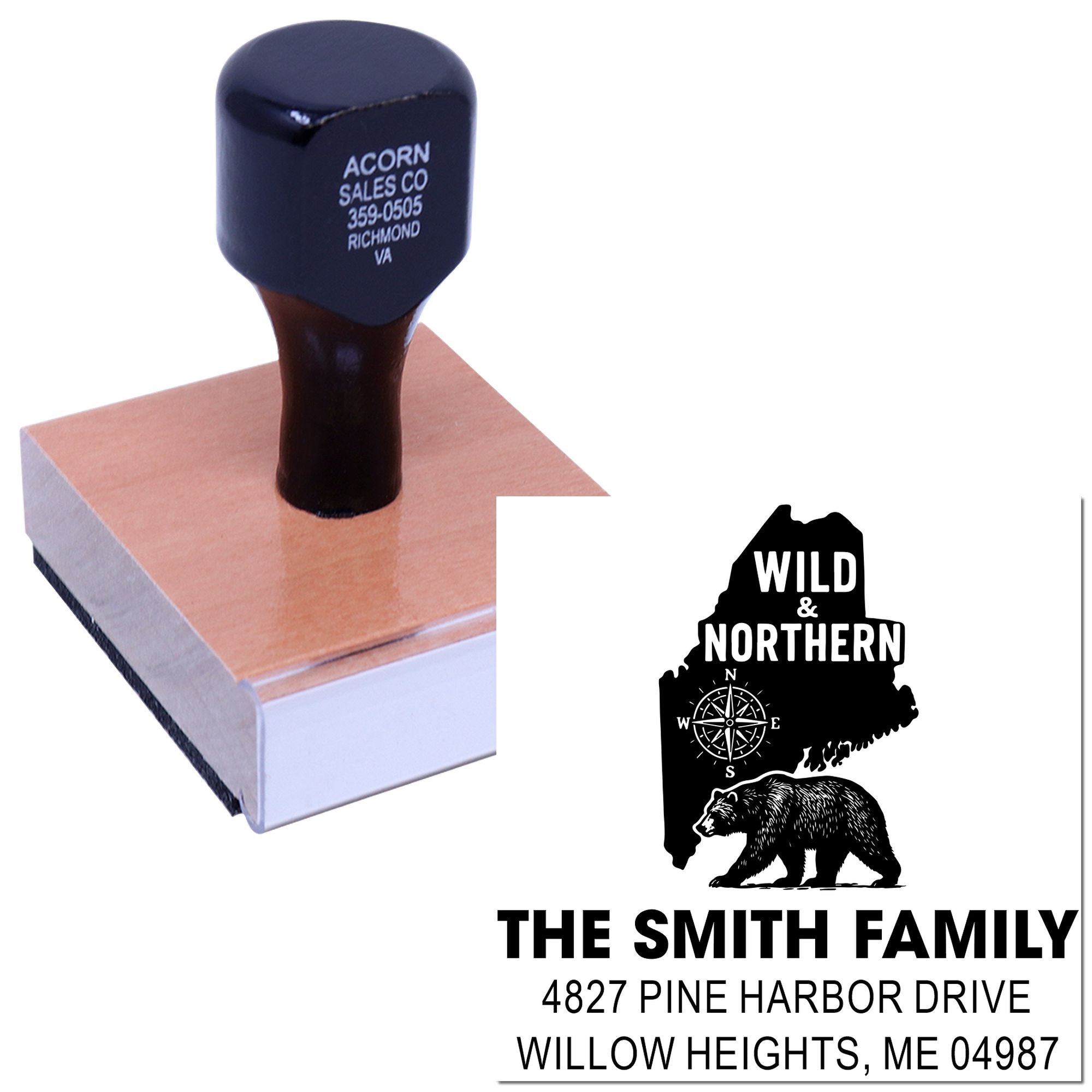 Custom return address rubber stamp with Maine wildlife design, showing The Smith Family name and address imprint.