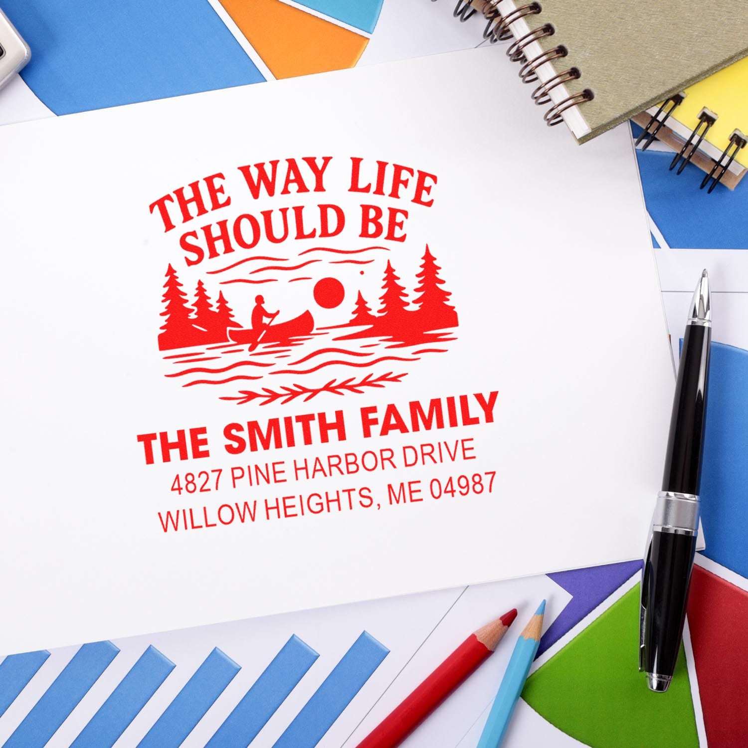Custom family return address rubber stamp with scenic design for envelopes, stationery, and wedding invitations.