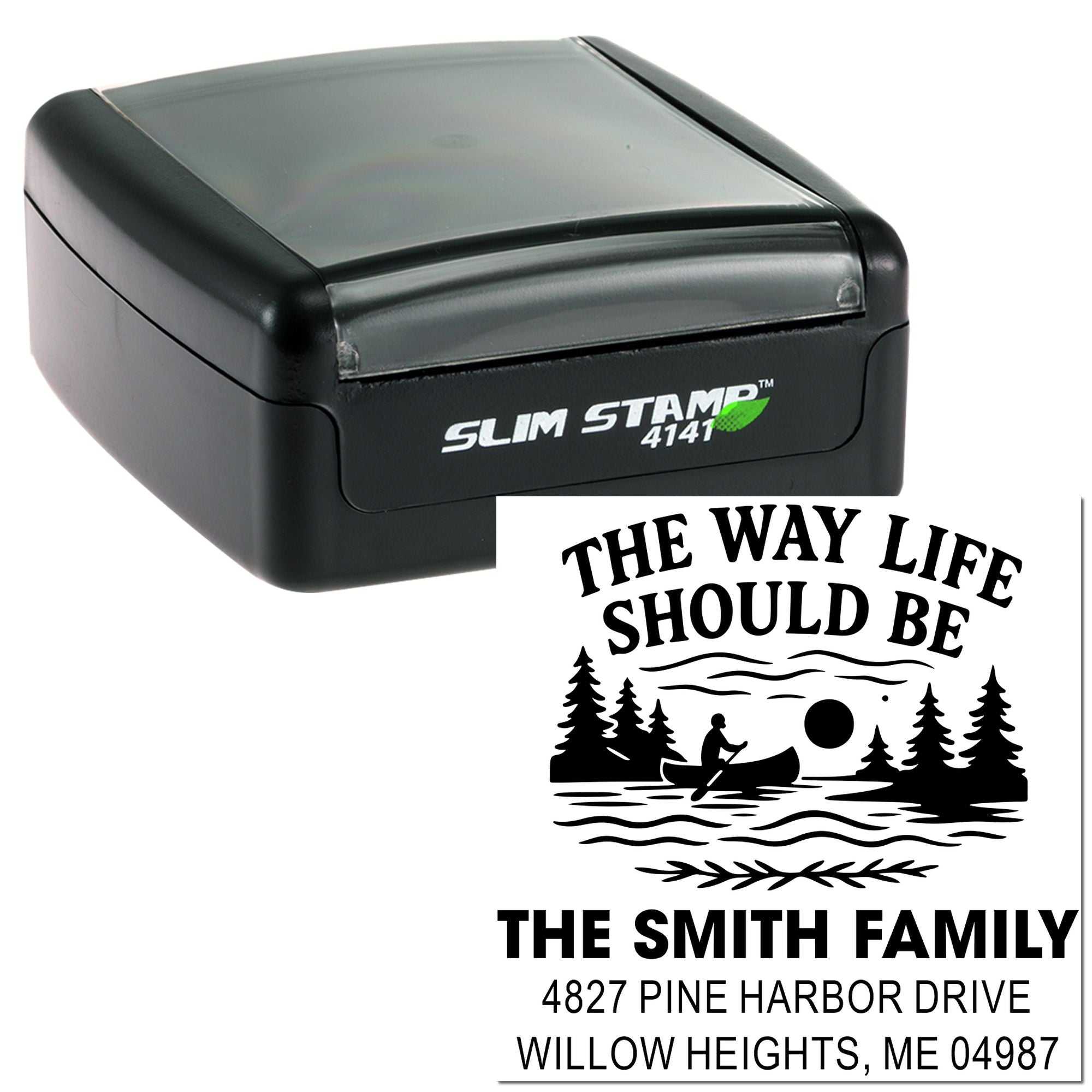 Custom self-inking rubber address stamp with family name, outdoor scene, and return address for personalized mailings.