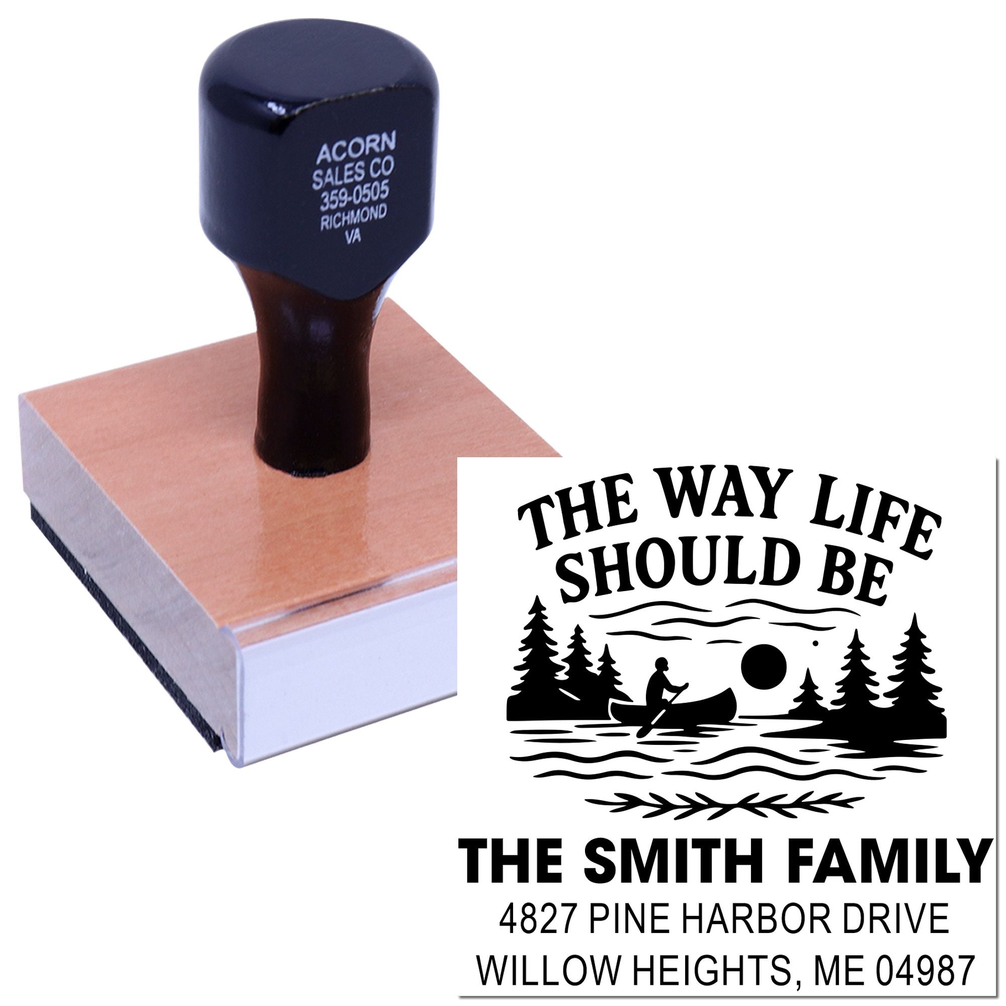 Custom self-inking rubber stamp with The Way Life Should Be family address design for personalized home mailings.