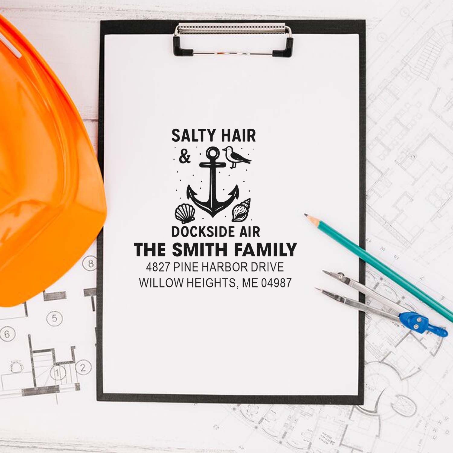 Custom nautical address rubber stamp with anchor design, family name, and coastal theme for personalized stationery.