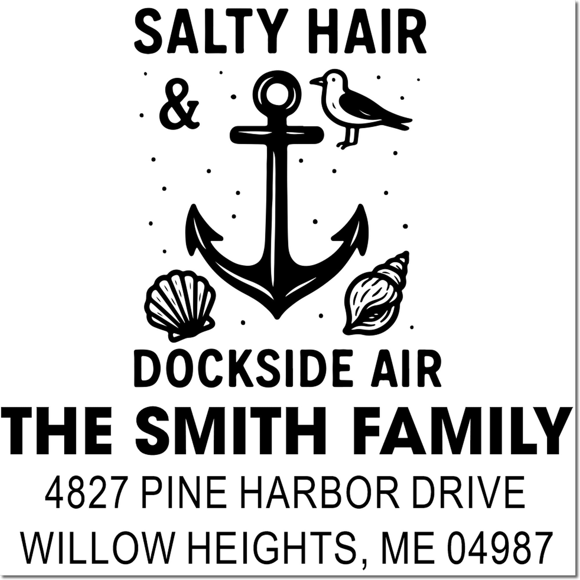 Personalized nautical return address rubber stamp for The Smith Family, featuring anchor, seashells and seagull.