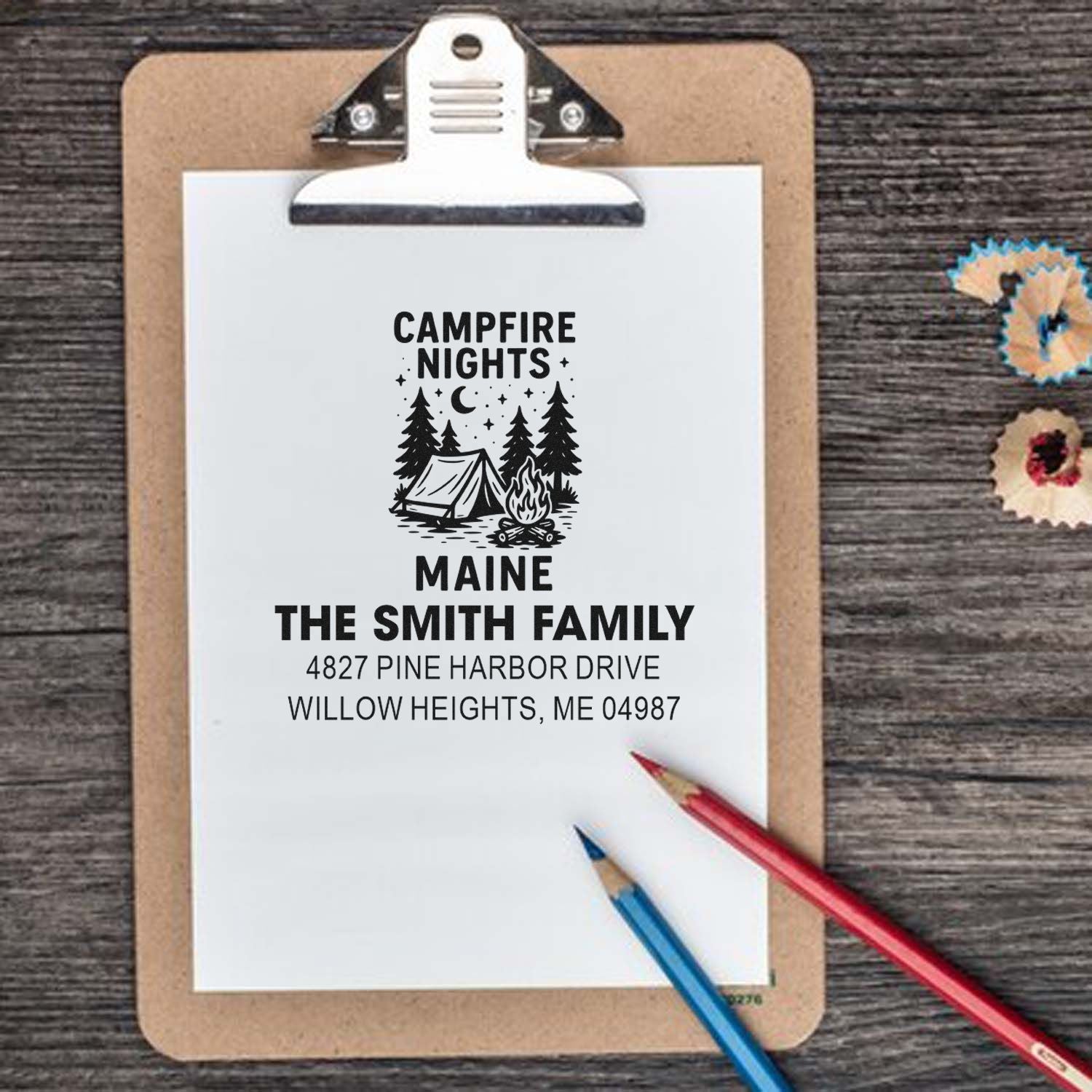 Personalized camping return address rubber stamp with campfire design for The Smith Family in Maine.