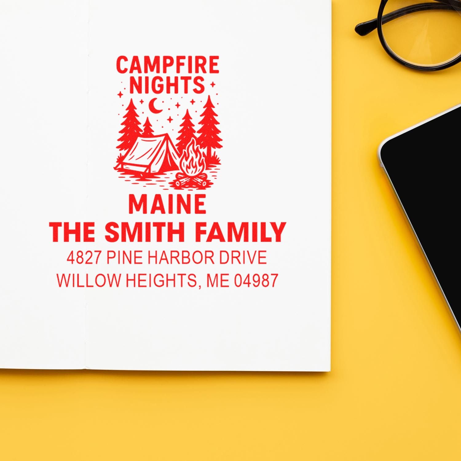 Custom Campfire Nights family return address rubber stamp with Maine address