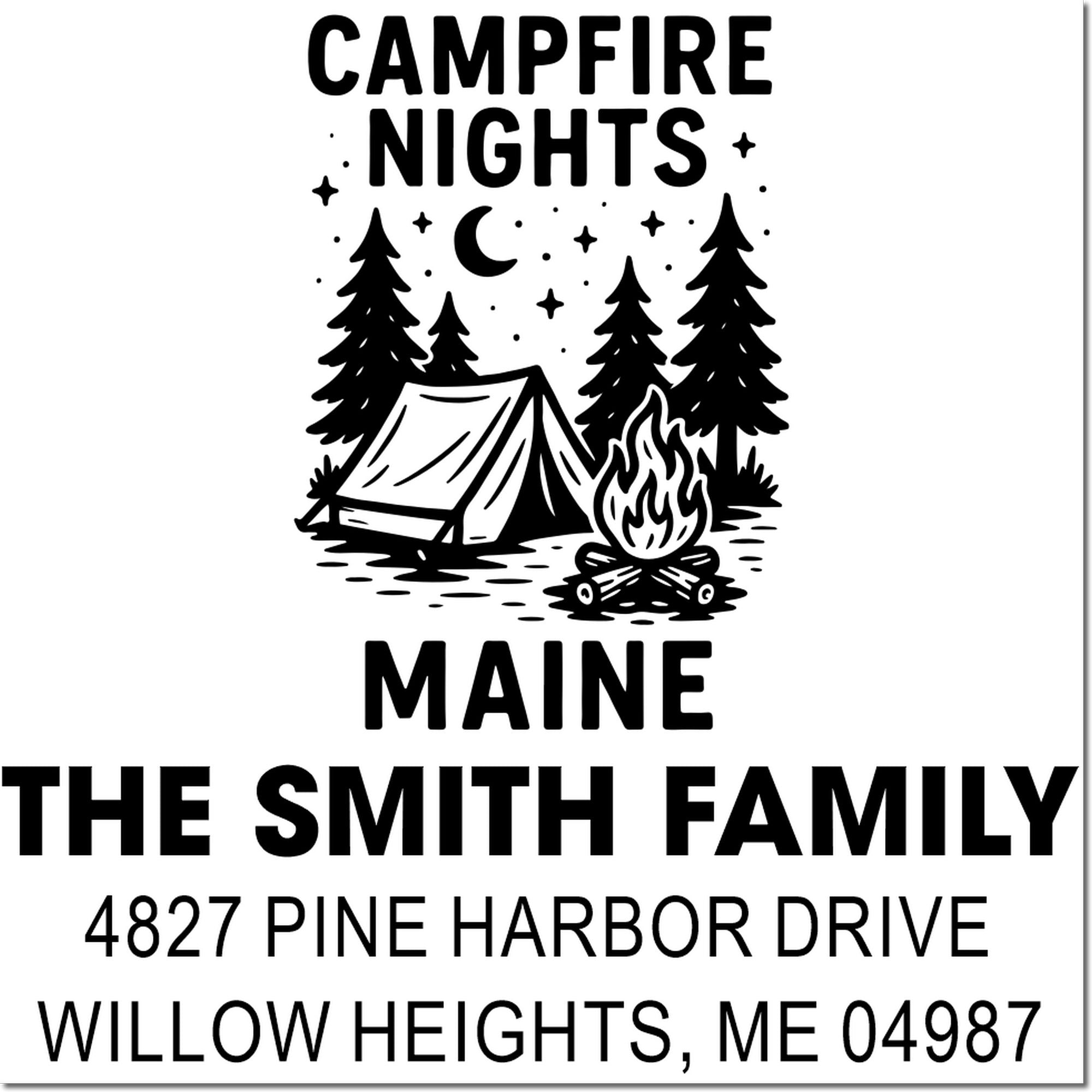 Personalized campfire nights Maine return address rubber stamp for The Smith Family, Willow Heights, ME 04987.