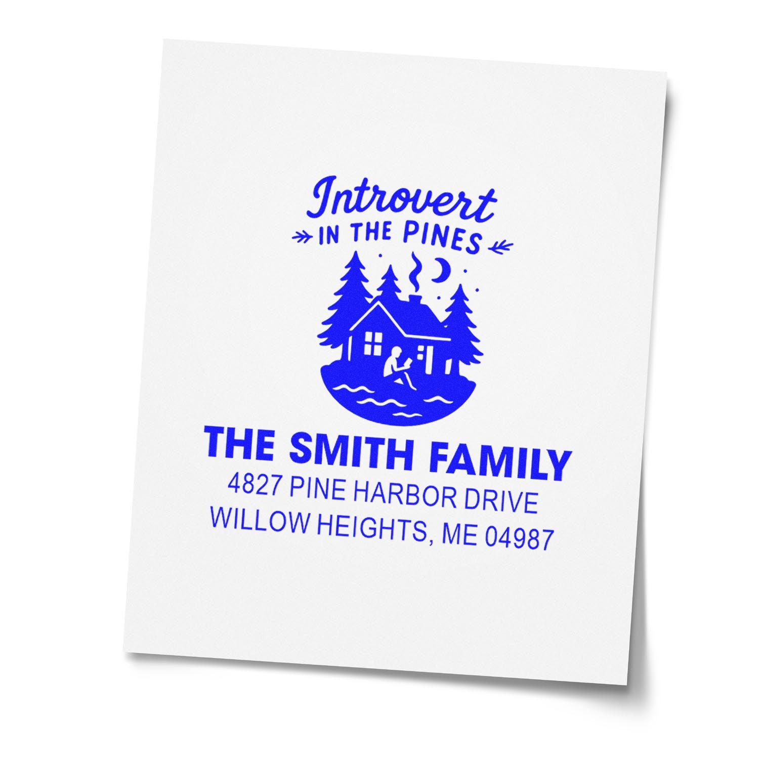 Custom address rubber stamp for the Smith family with Introvert in the Pines pine cabin design.
