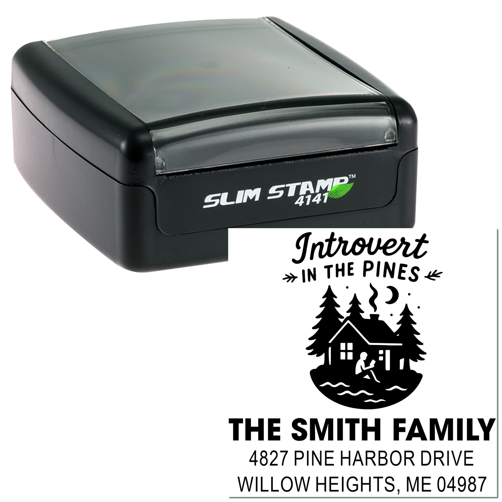 Custom self-inking rubber stamp with Introvert in the Pines design and personalized family return address imprint.