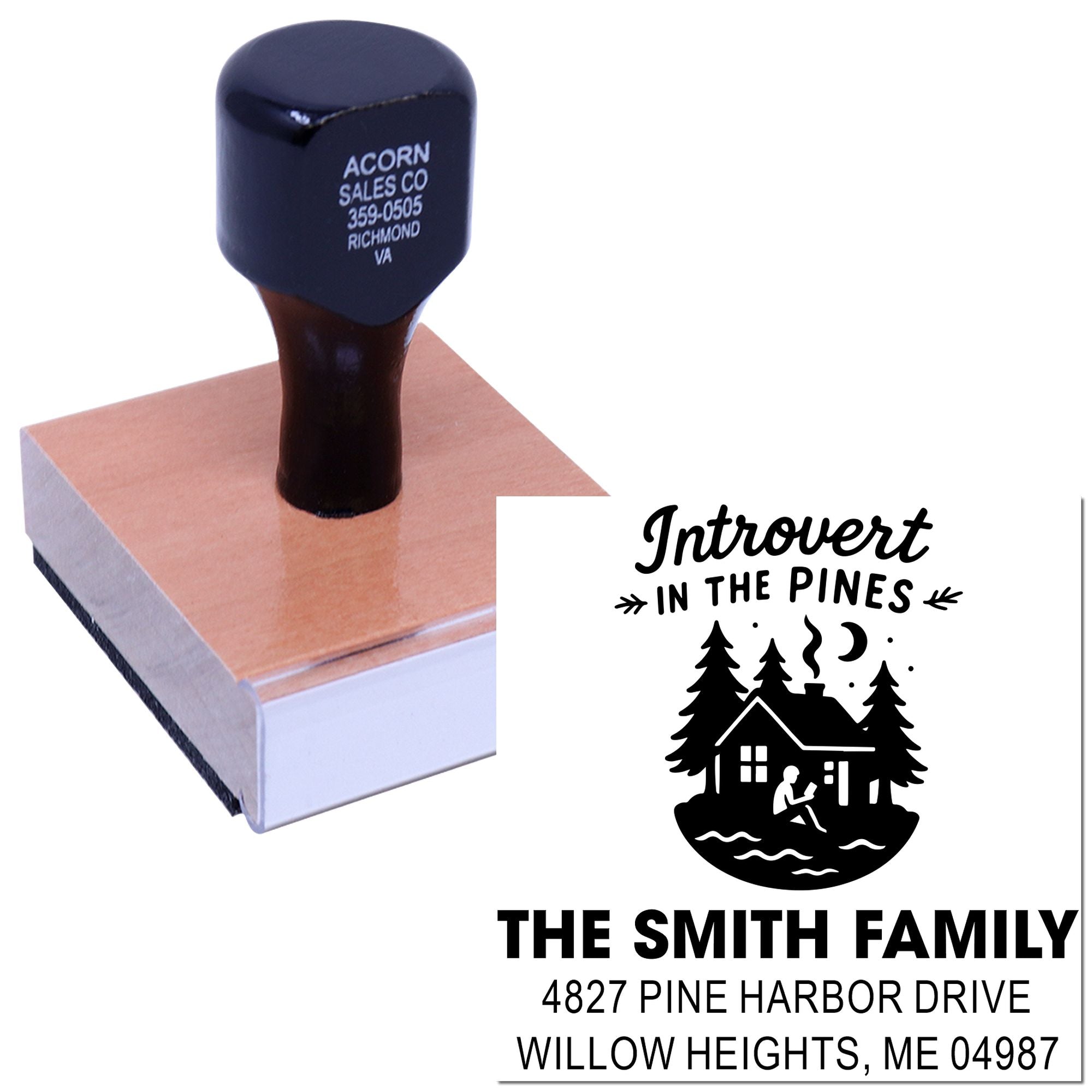 Custom rubber address stamp with Introvert in the Pines cabin logo for personalized family mail and branding.