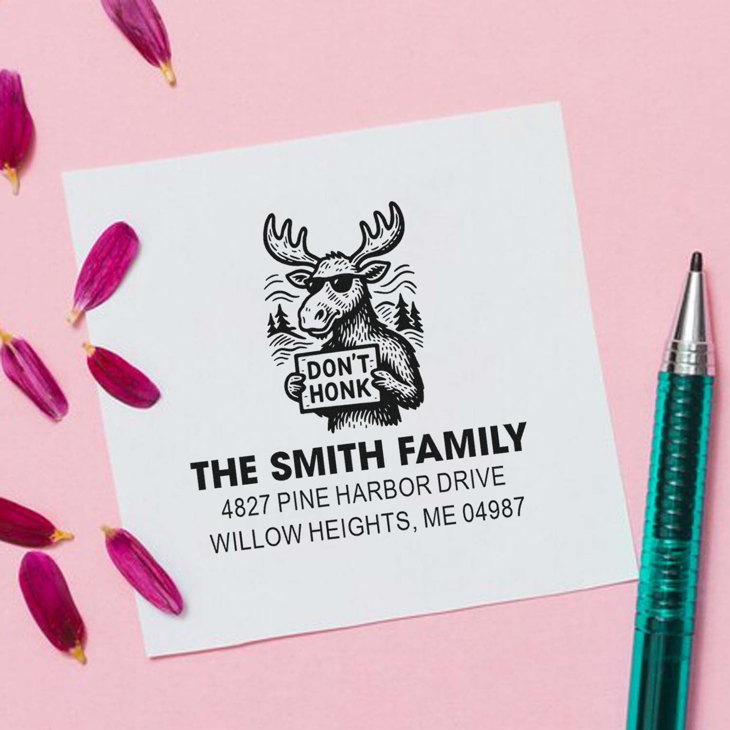 Custom return address rubber stamp with moose Dont Honk design for The Smith Family, personalized mailing stamp.
