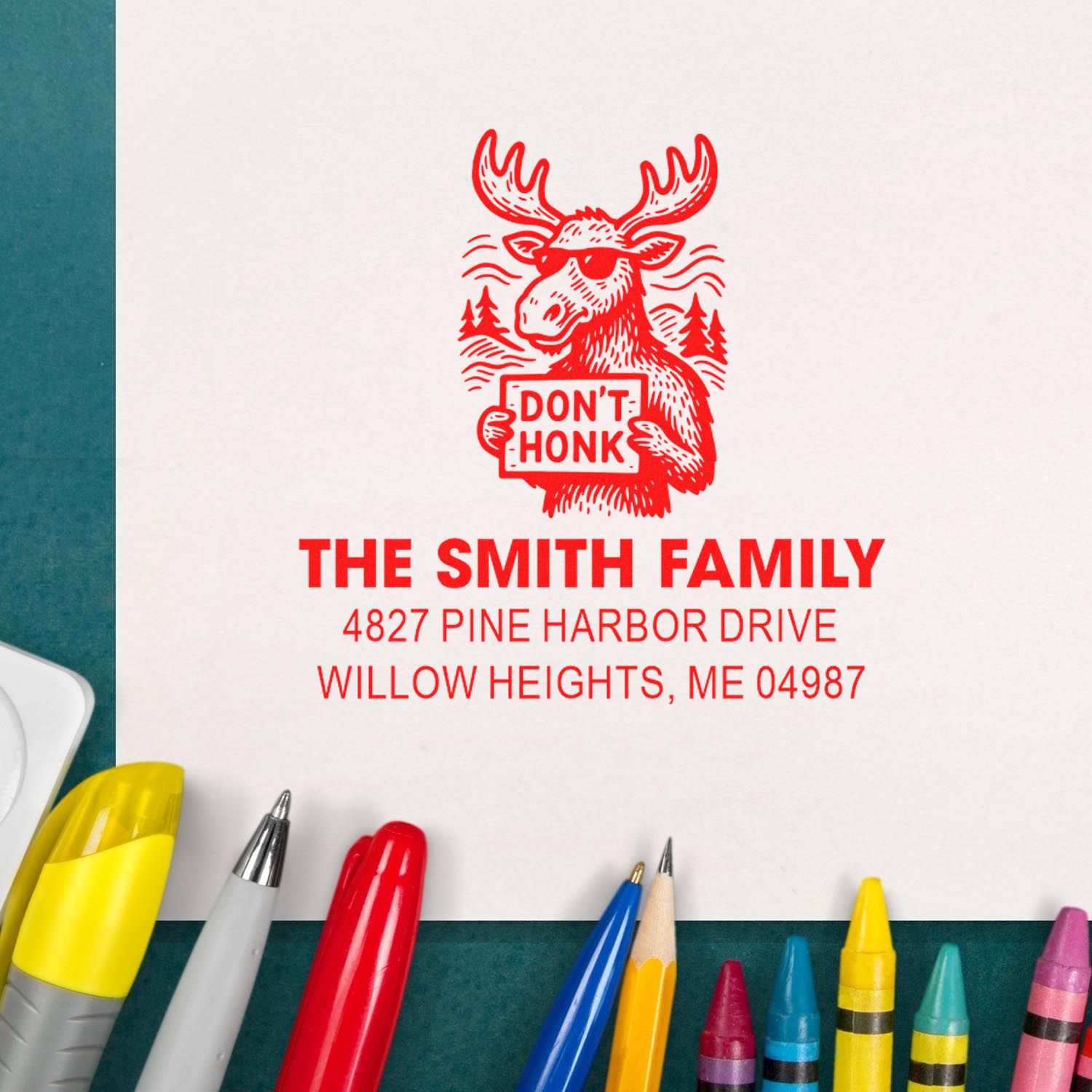 Custom rubber stamp with moose Dont Honk address design for The Smith Family, ideal for return mail.