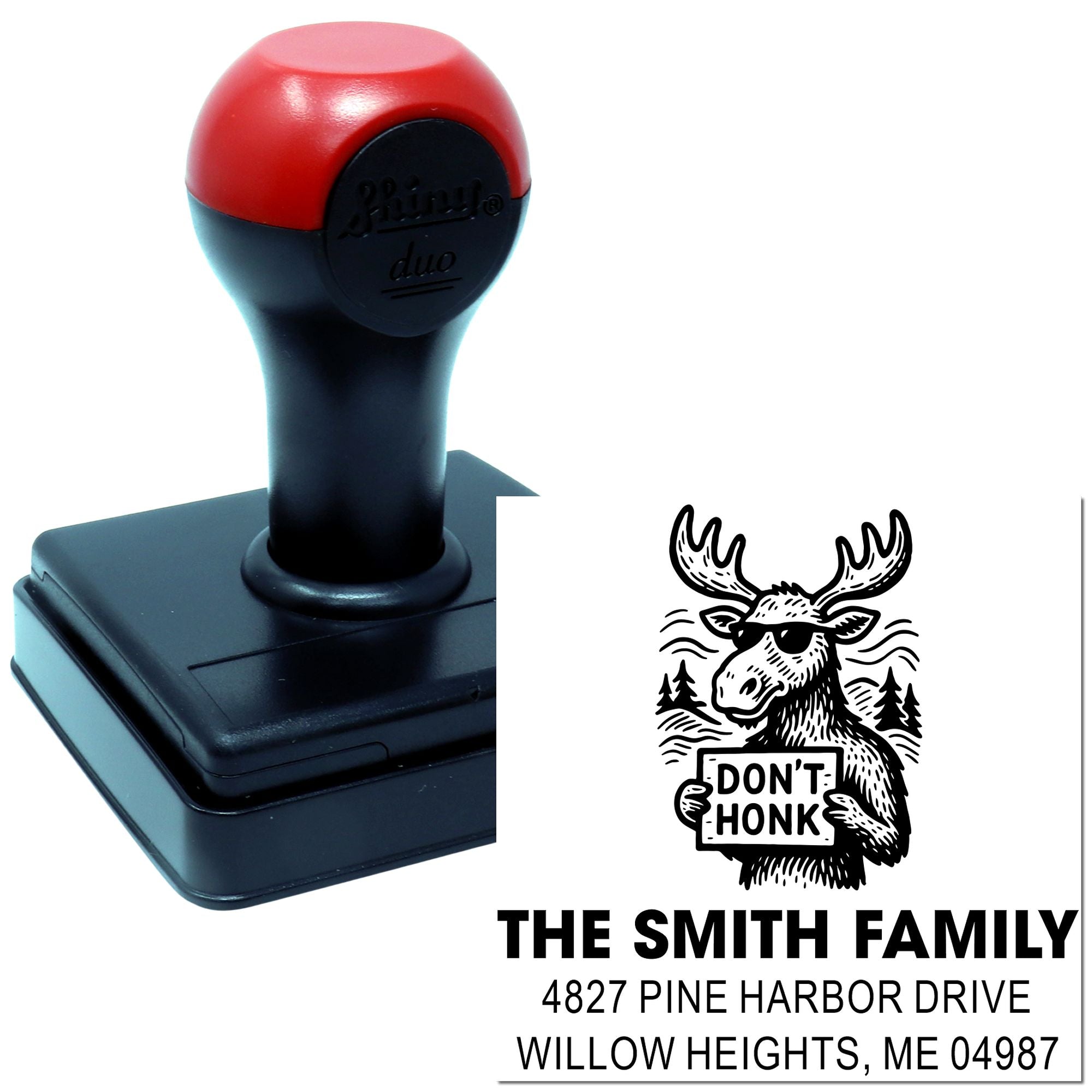Custom self-inking rubber address stamp with moose Dont Honk design and Smith family return address.