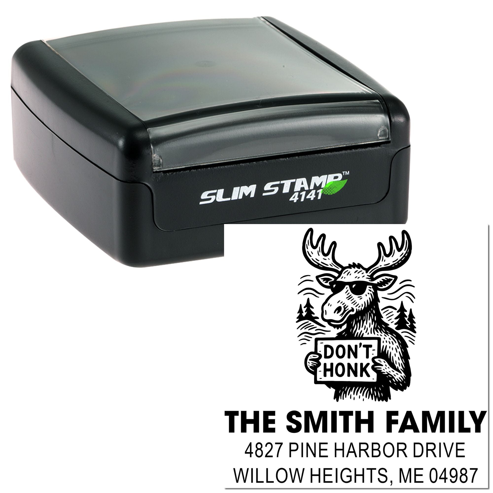 Custom Slim Stamp 4141 self-inking rubber stamp with moose Dont Honk design and personalized return address.