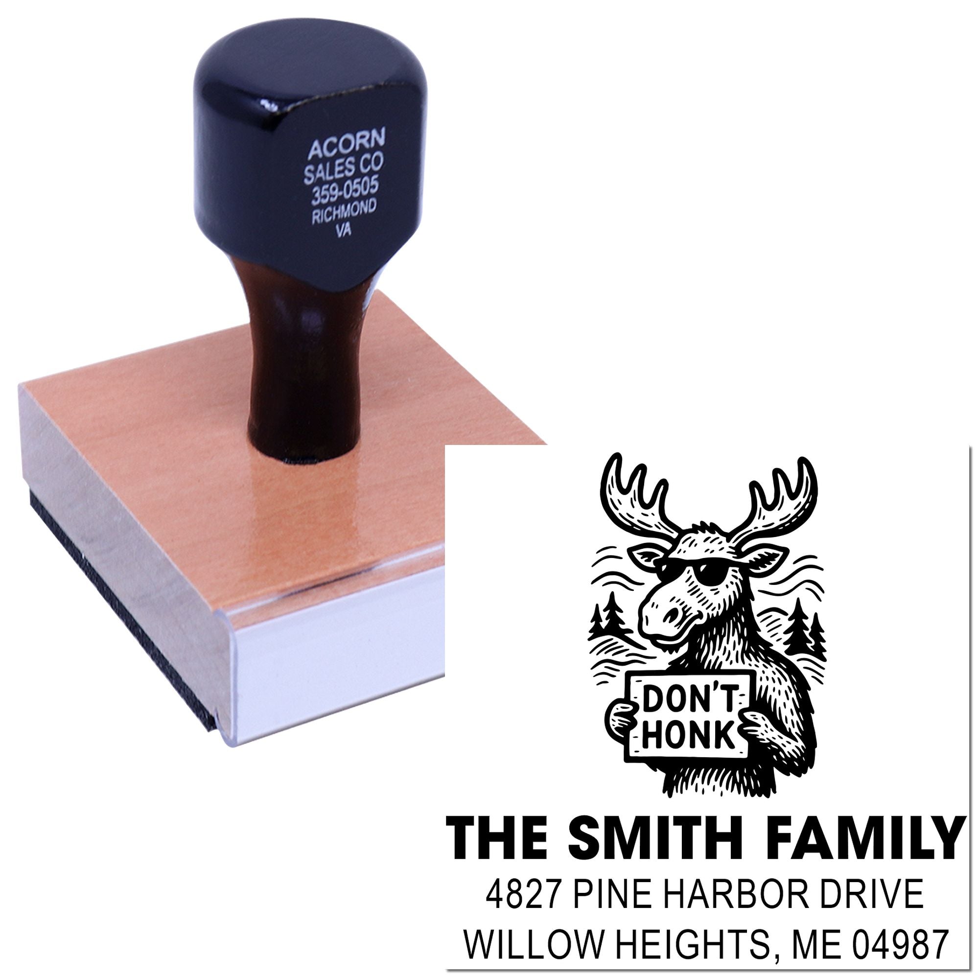 Personalized return address rubber stamp with moose Dont Honk design for The Smith Family
