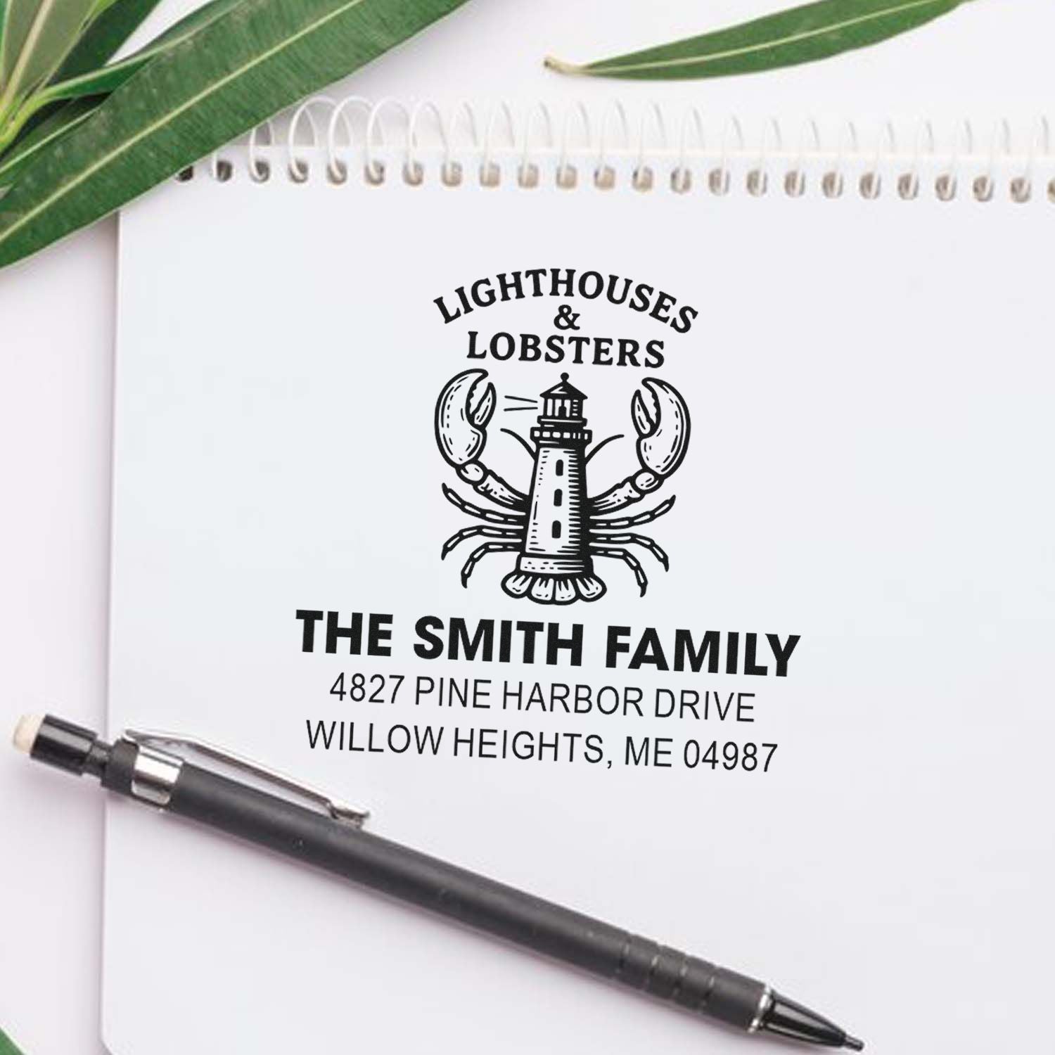 Personalized return address rubber stamp with lighthouse and lobster design for The Smith Family, Willow Heights, ME.