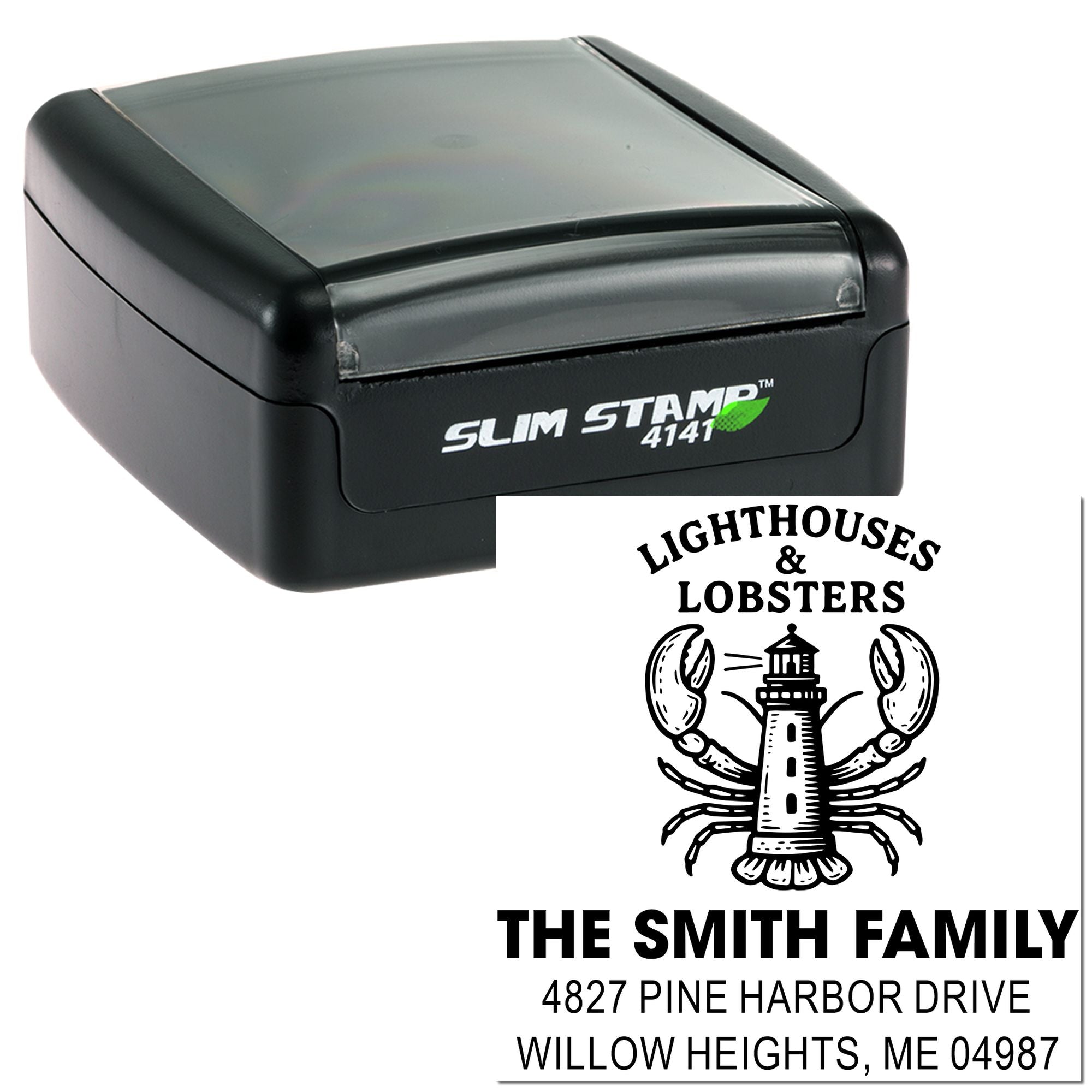 Slim Stamp 4141 self-inking rubber stamp with lighthouse and lobsters, custom family address stamp for coastal homes.