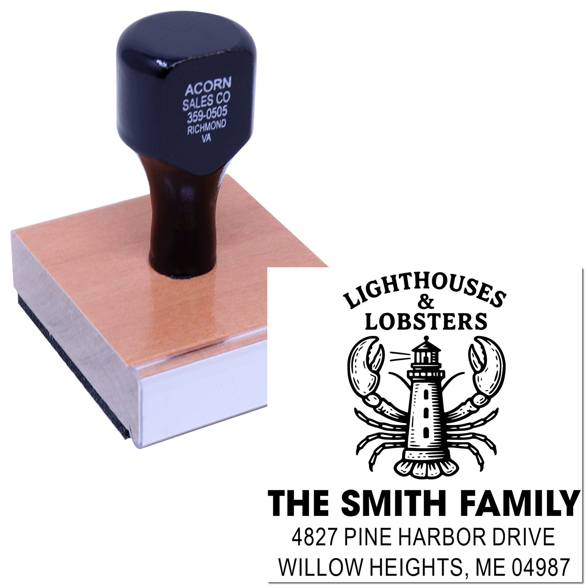 Custom rubber stamp with lighthouse and lobster return address design for The Smith Family.