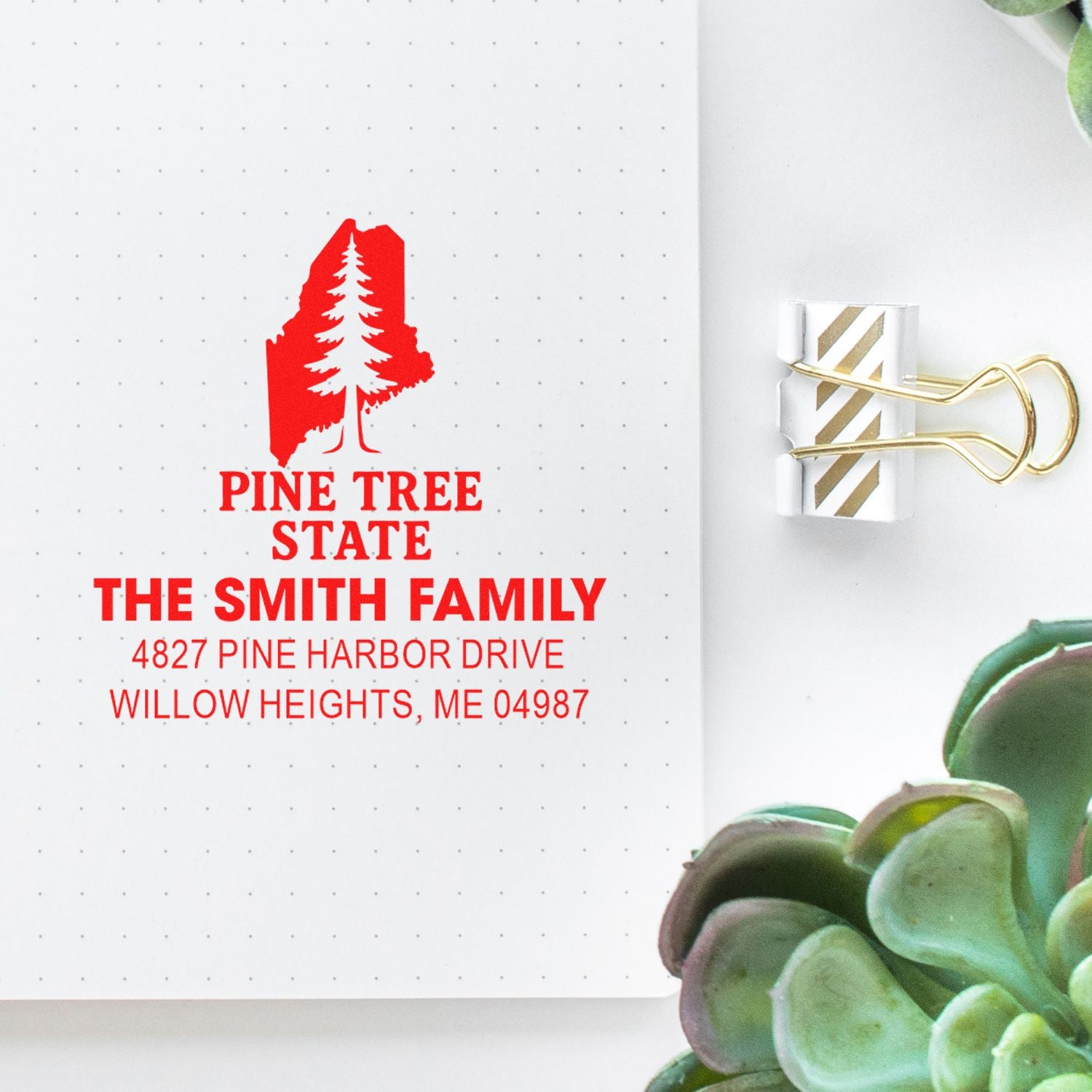 Custom Maine return address rubber stamp with pine tree state design for The Smith Family, 4827 Pine Harbor Drive.