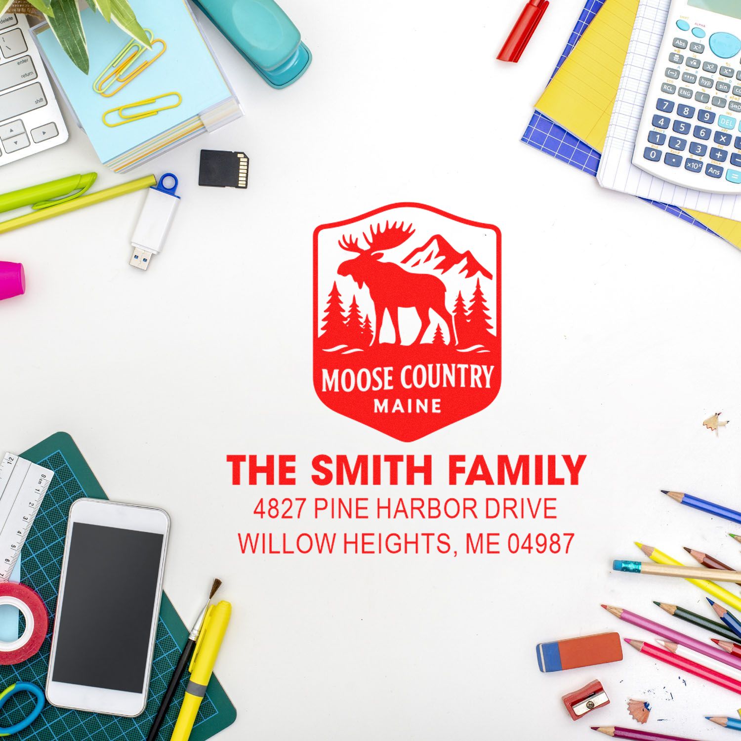 Personalized rubber address stamp with moose country design for The Smith Family in Willow Heights, Maine.