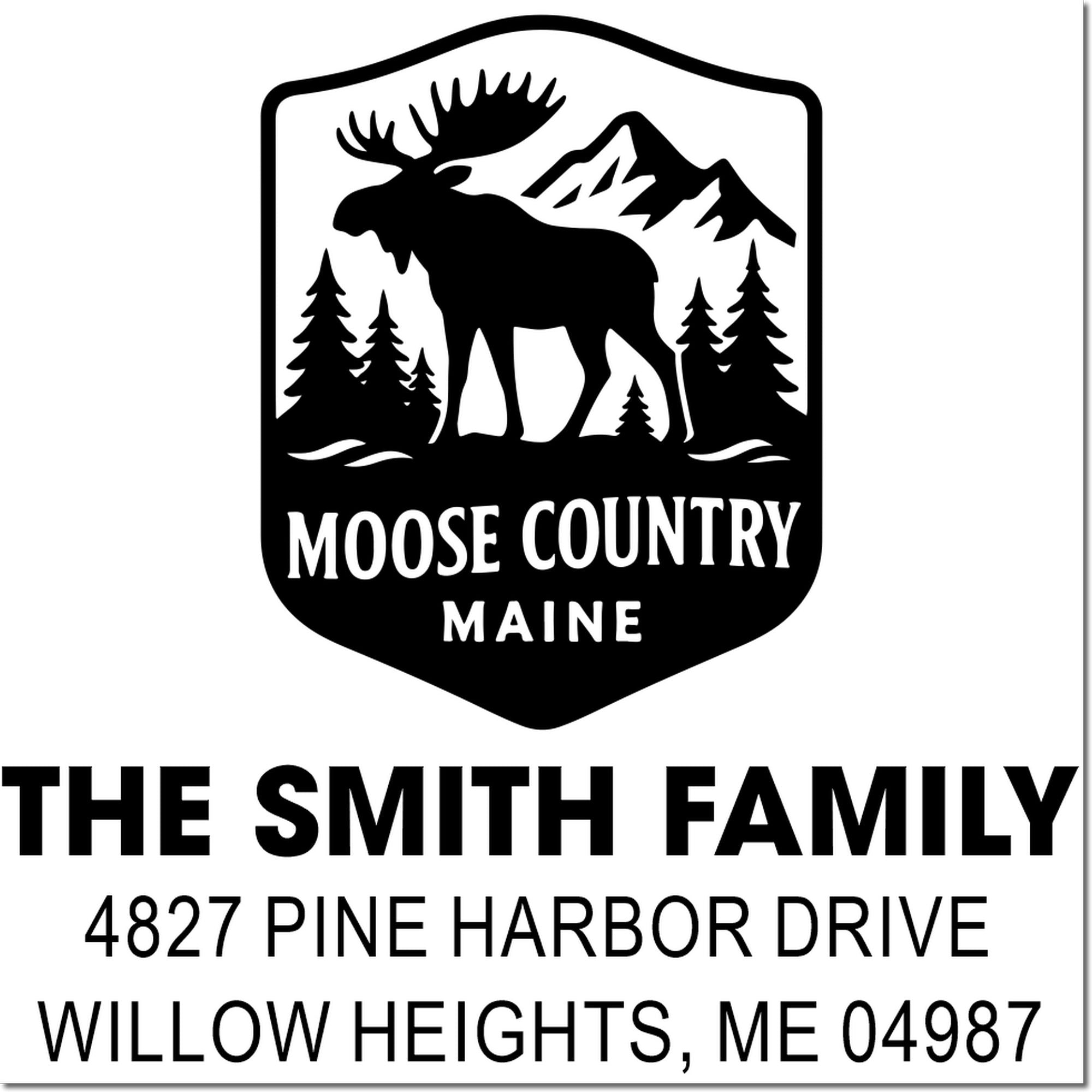 Custom return address rubber stamp with Moose Country, Maine moose logo for The Smith Family.