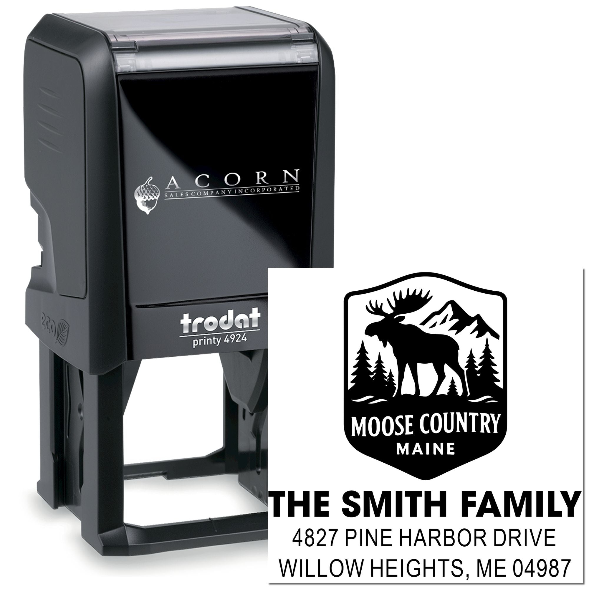Self-inking custom rubber stamp with Moose Country Maine return address design for The Smith Family, Trodat Printy 4924.