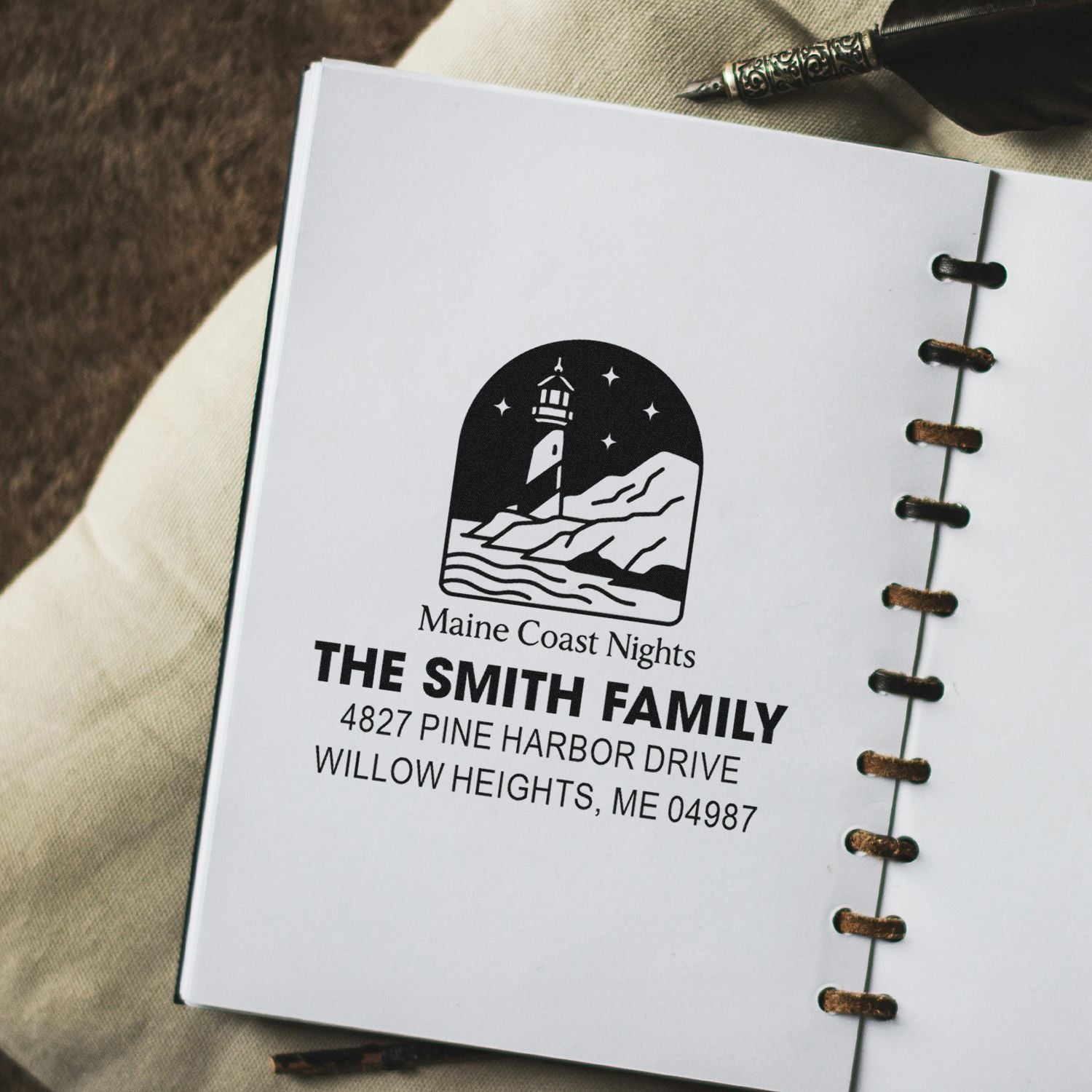 Custom family return address rubber stamp with Maine Coast Nights lighthouse logo for The Smith Family.