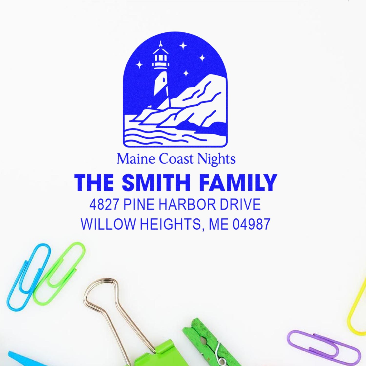Custom return address rubber stamp with Maine Coast Nights lighthouse logo for The Smith Family, Willow Heights, ME 04987