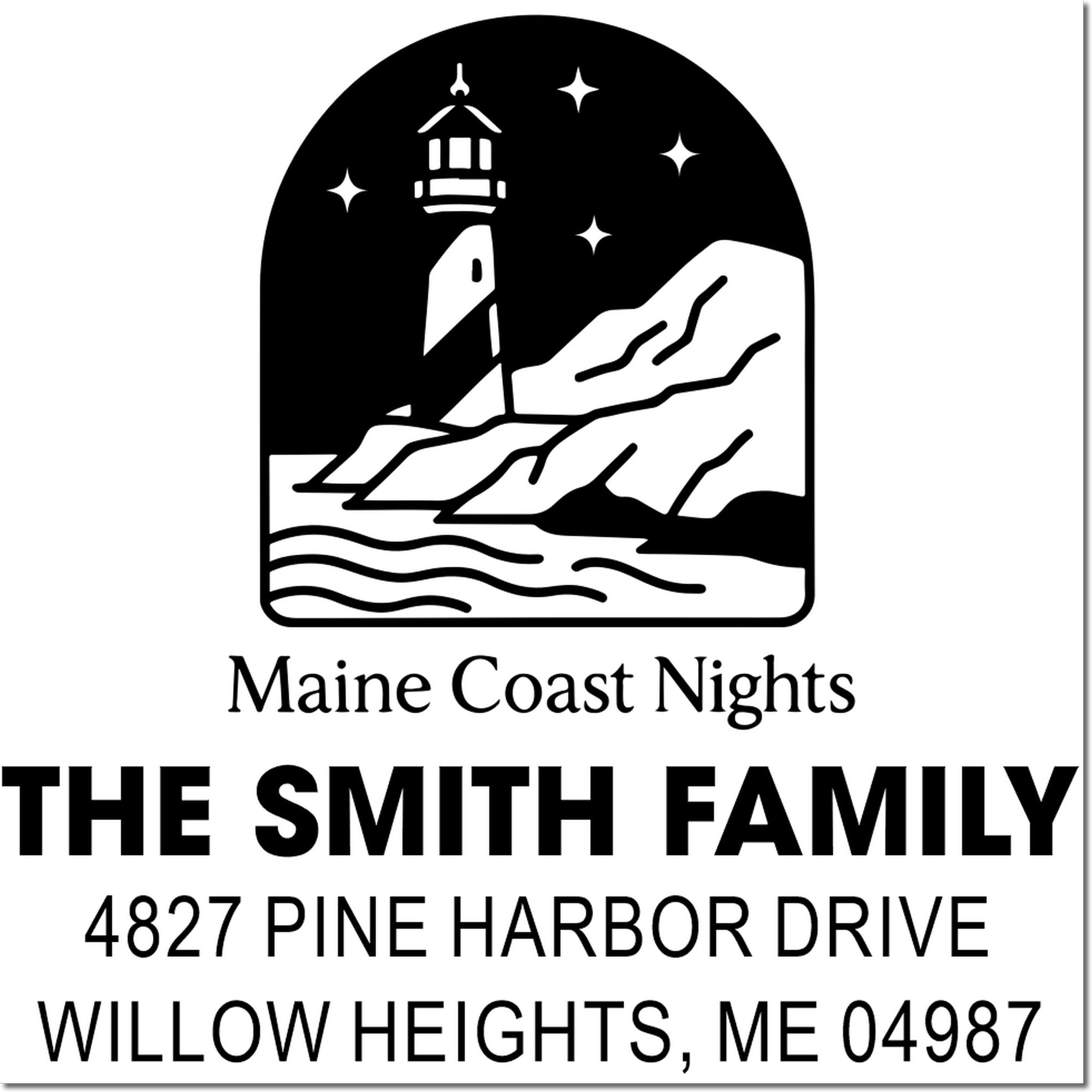 Custom rubber stamp design featuring Maine lighthouse, Maine Coast Nights, and Smith family address in Willow Heights, ME.