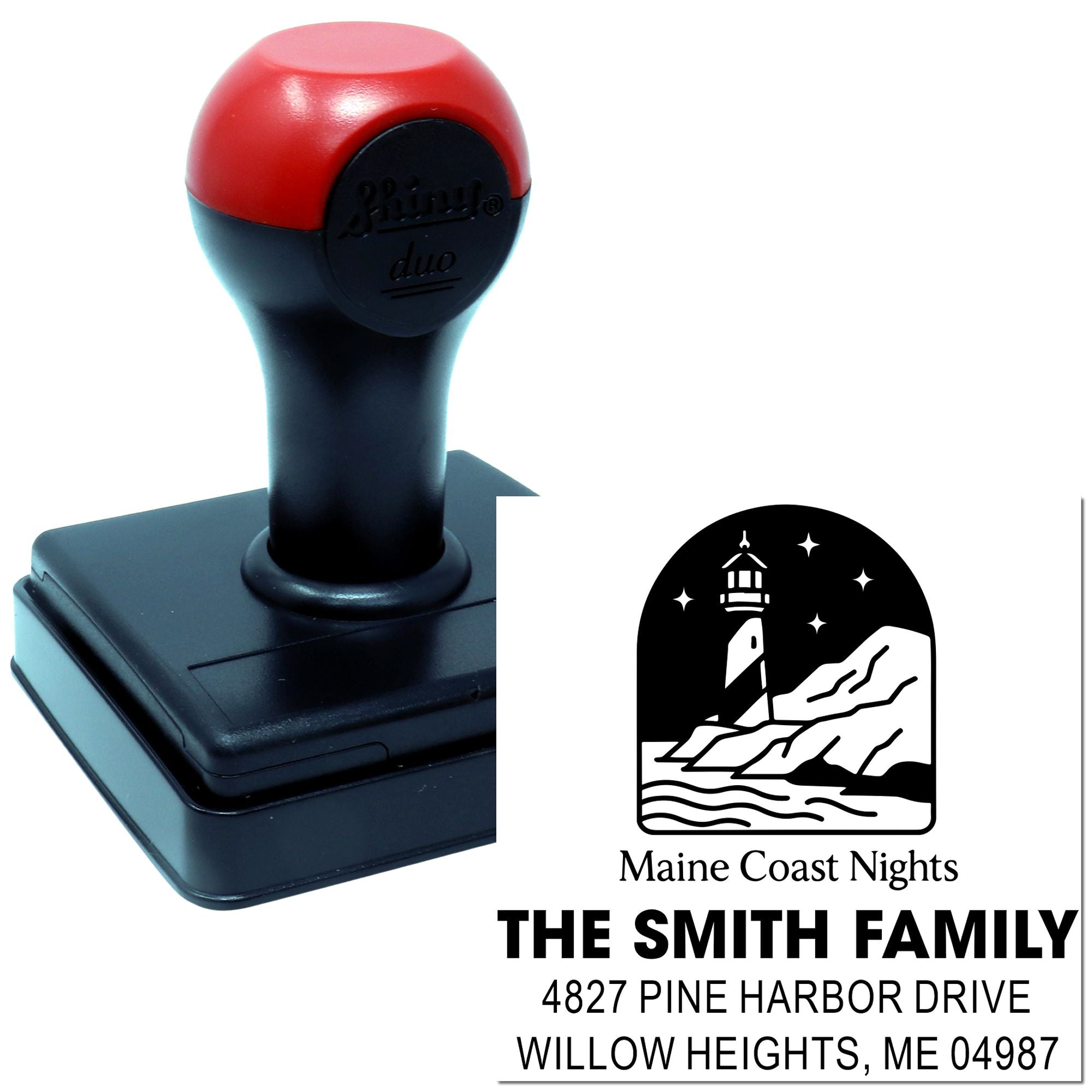 Custom self-inking rubber stamp with Maine Coast Nights lighthouse design and The Smith Family return address imprint