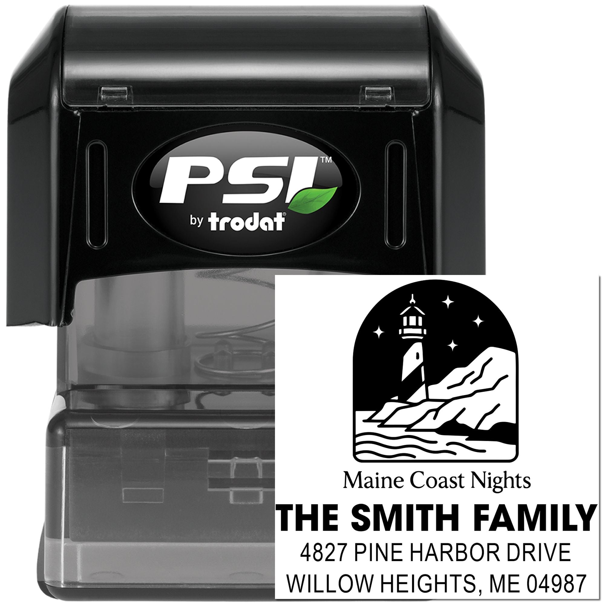 PSI by Trodat self-inking rubber stamp with custom Maine Coast Nights family return address and lighthouse logo.