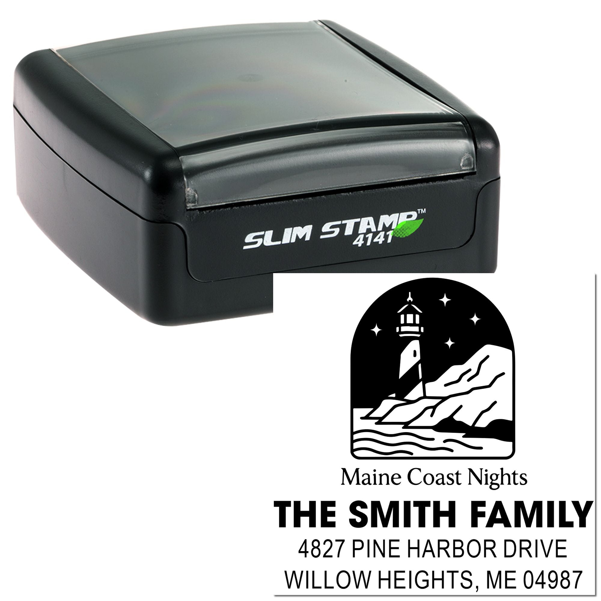 Custom self-inking rubber address stamp with lighthouse design, family name, and return address for personalized mailing.
