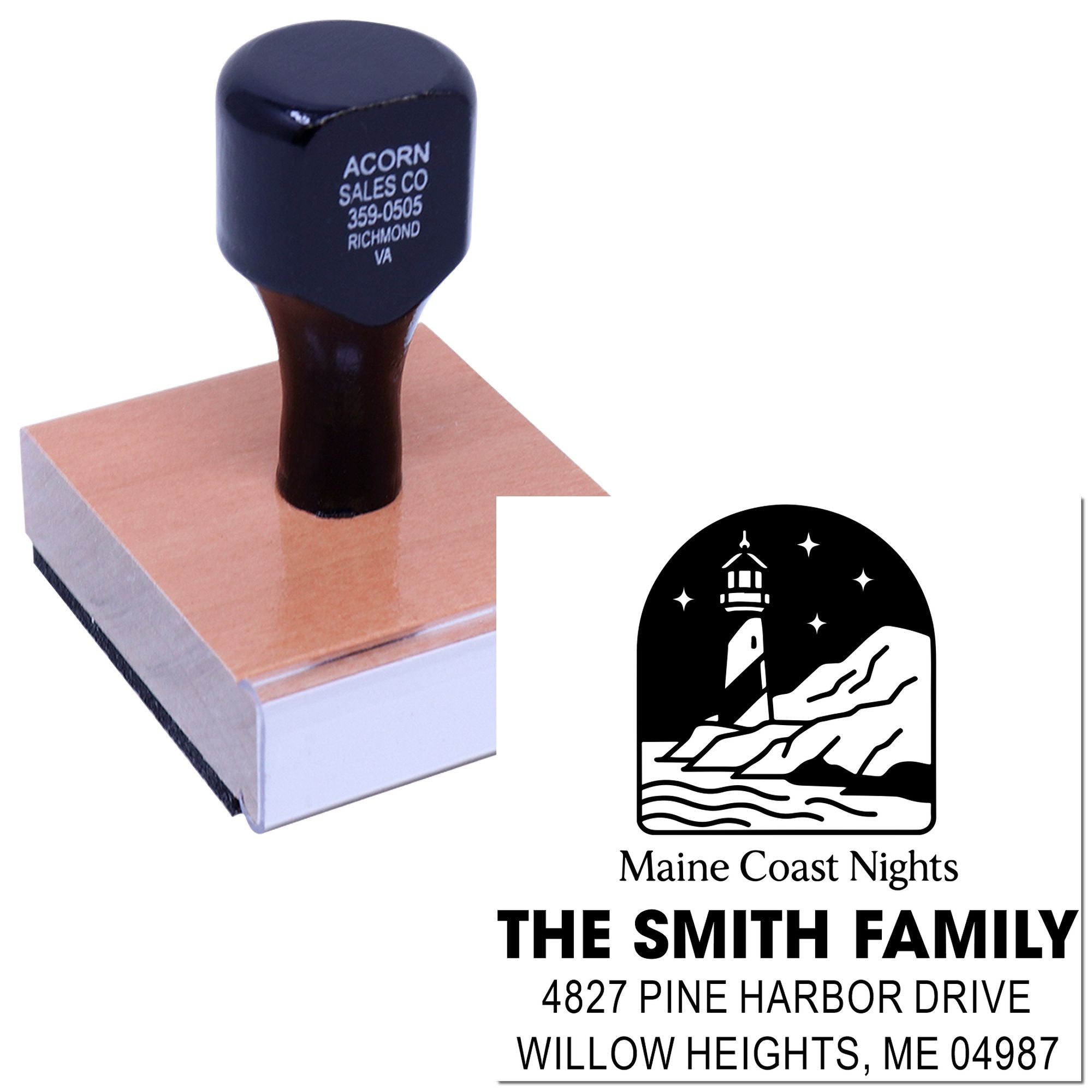Custom rubber address stamp with Maine Coast Nights lighthouse design for The Smith Family, 4827 Pine Harbor Drive.