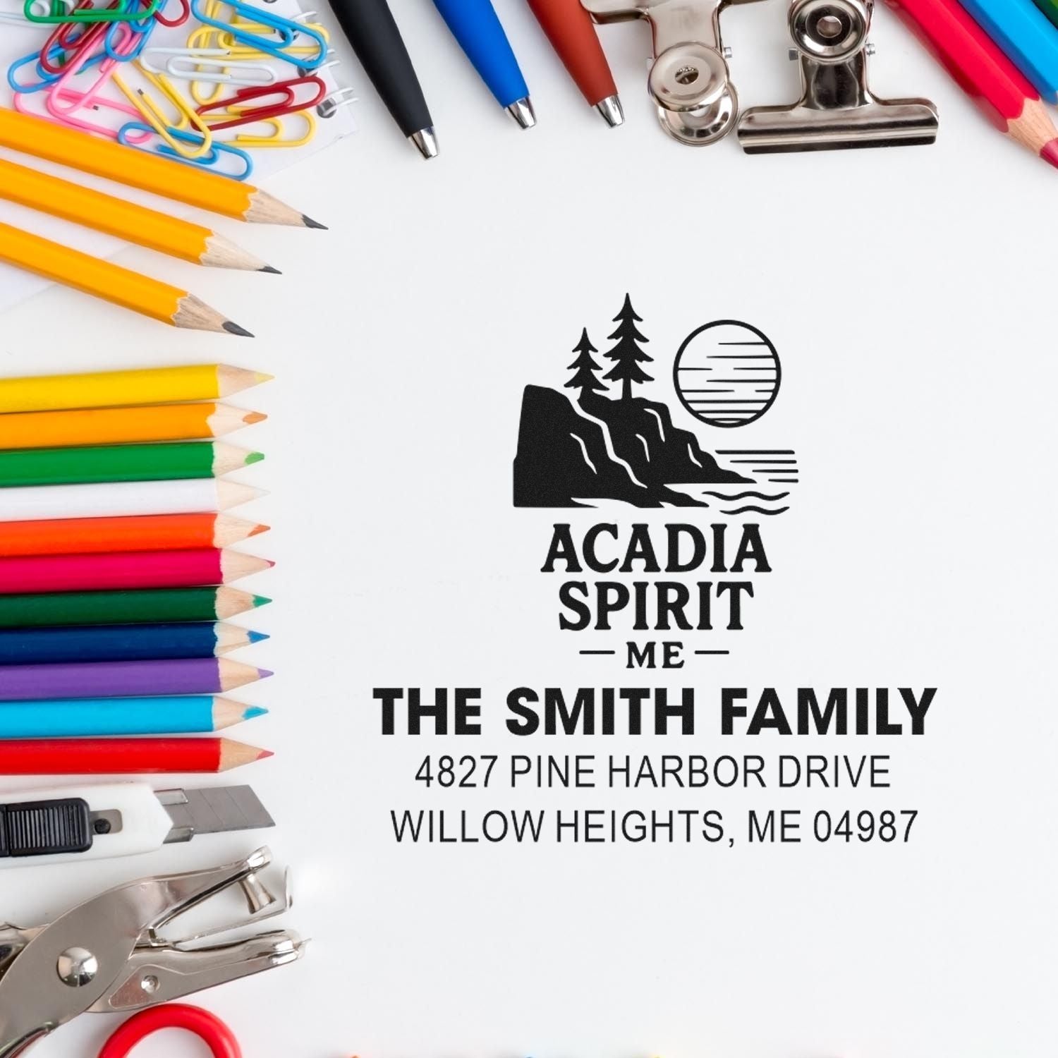 Custom return address rubber stamp with Acadia Spirit logo for The Smith Family, Willow Heights, ME 04987.
