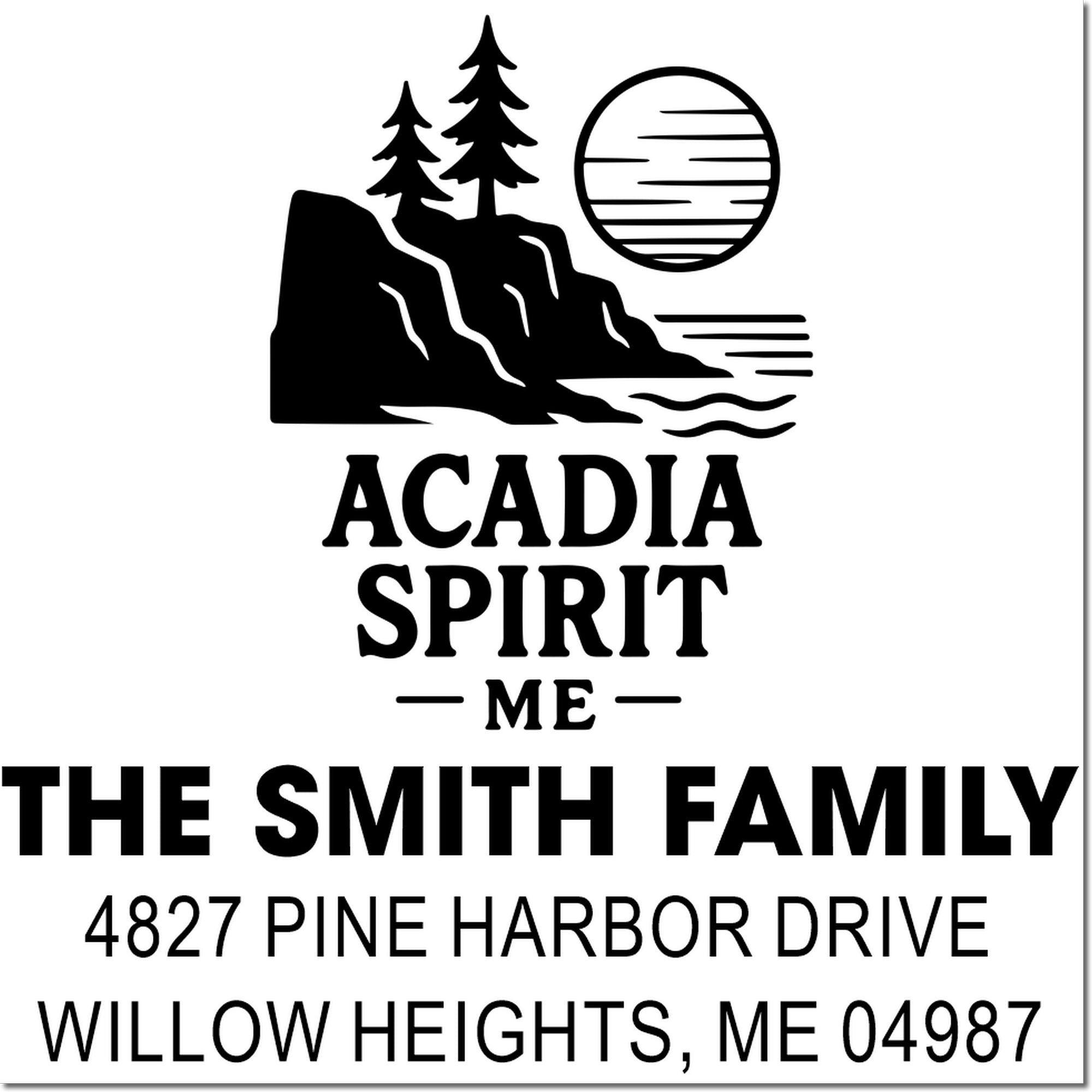 Custom Acadia Spirit family address rubber stamp with tree icon and Willow Heights, ME return address for The Smith Family.