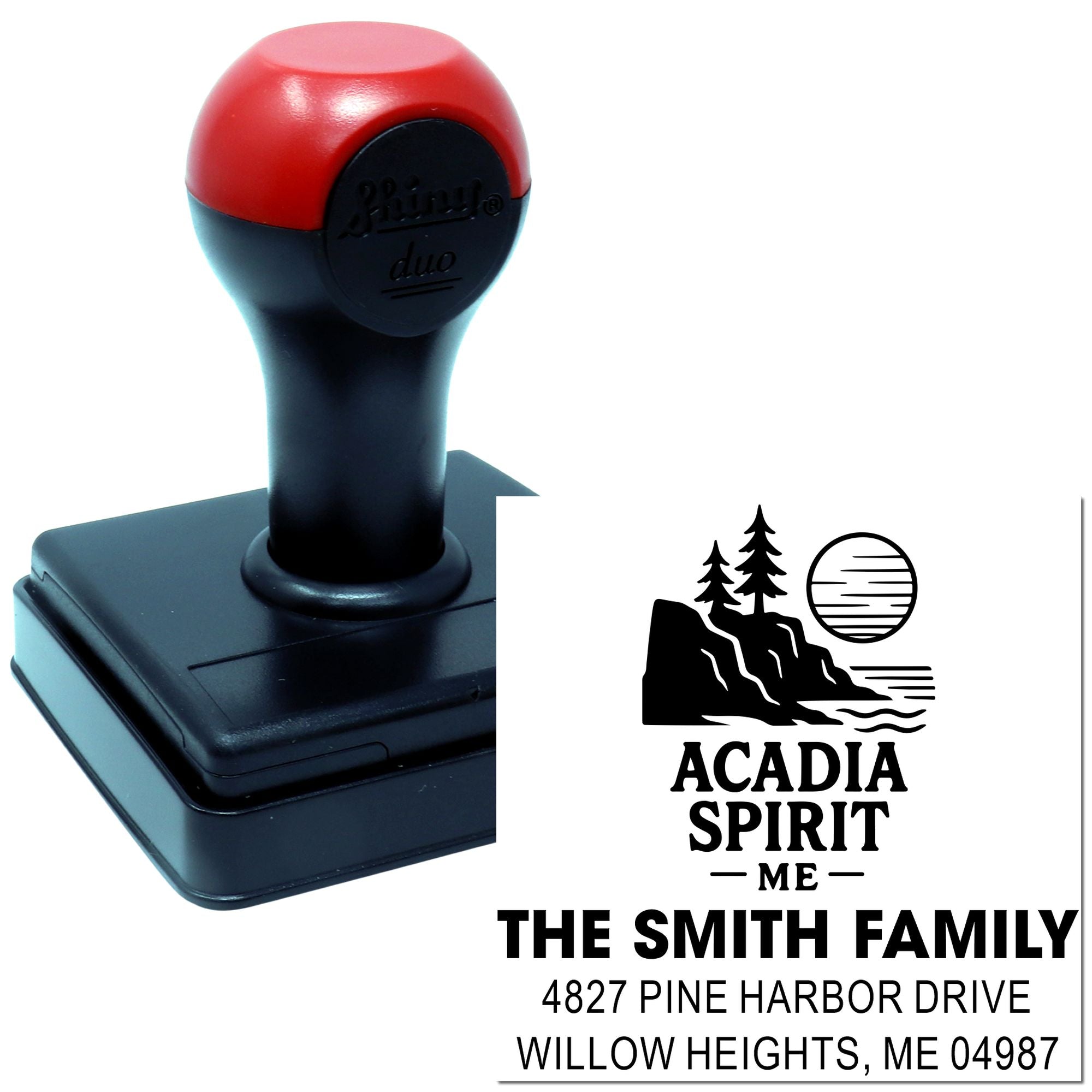 Custom self-inking address rubber stamp with Acadia Spirit design for The Smith Family return address.