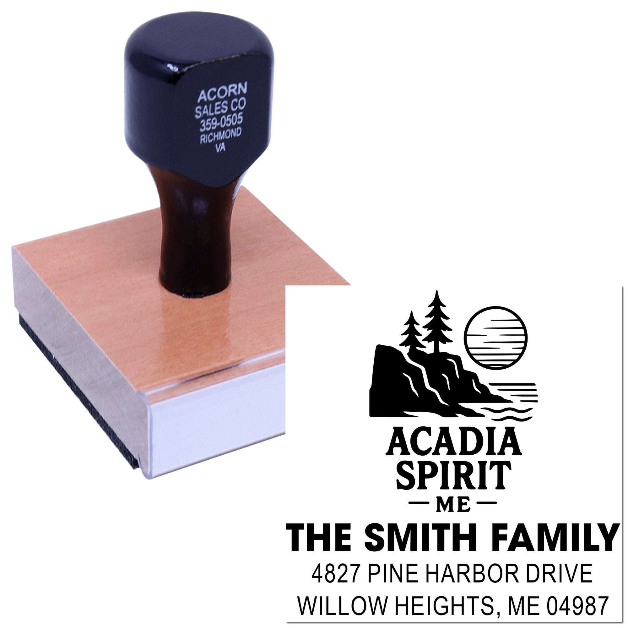 Custom rubber stamp for The Smith Family with Acadia Spirit Me design and return address imprint for personalized mailing.
