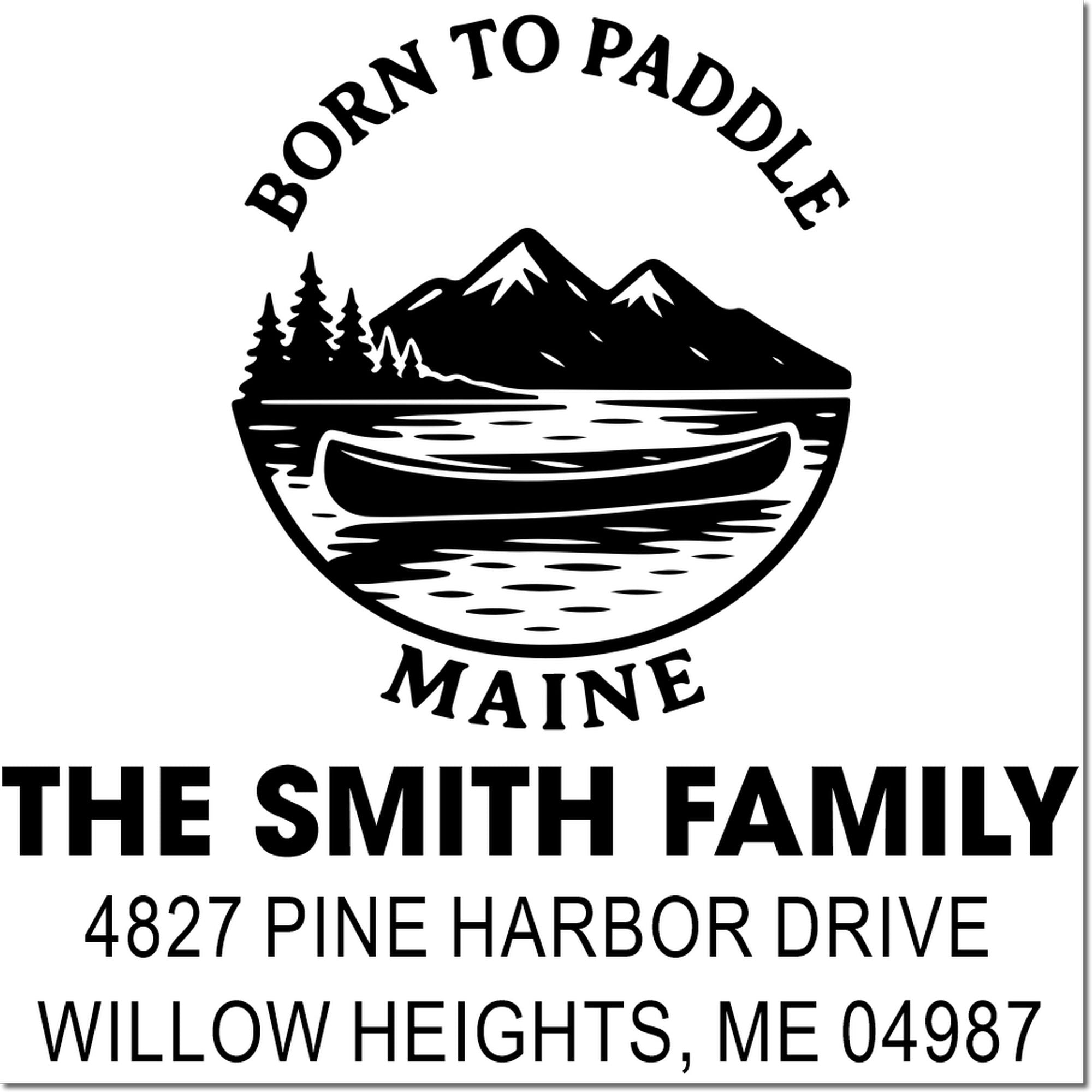 Personalized family address rubber stamp with canoe and mountain lake design for The Smith Family, Willow Heights, Maine.