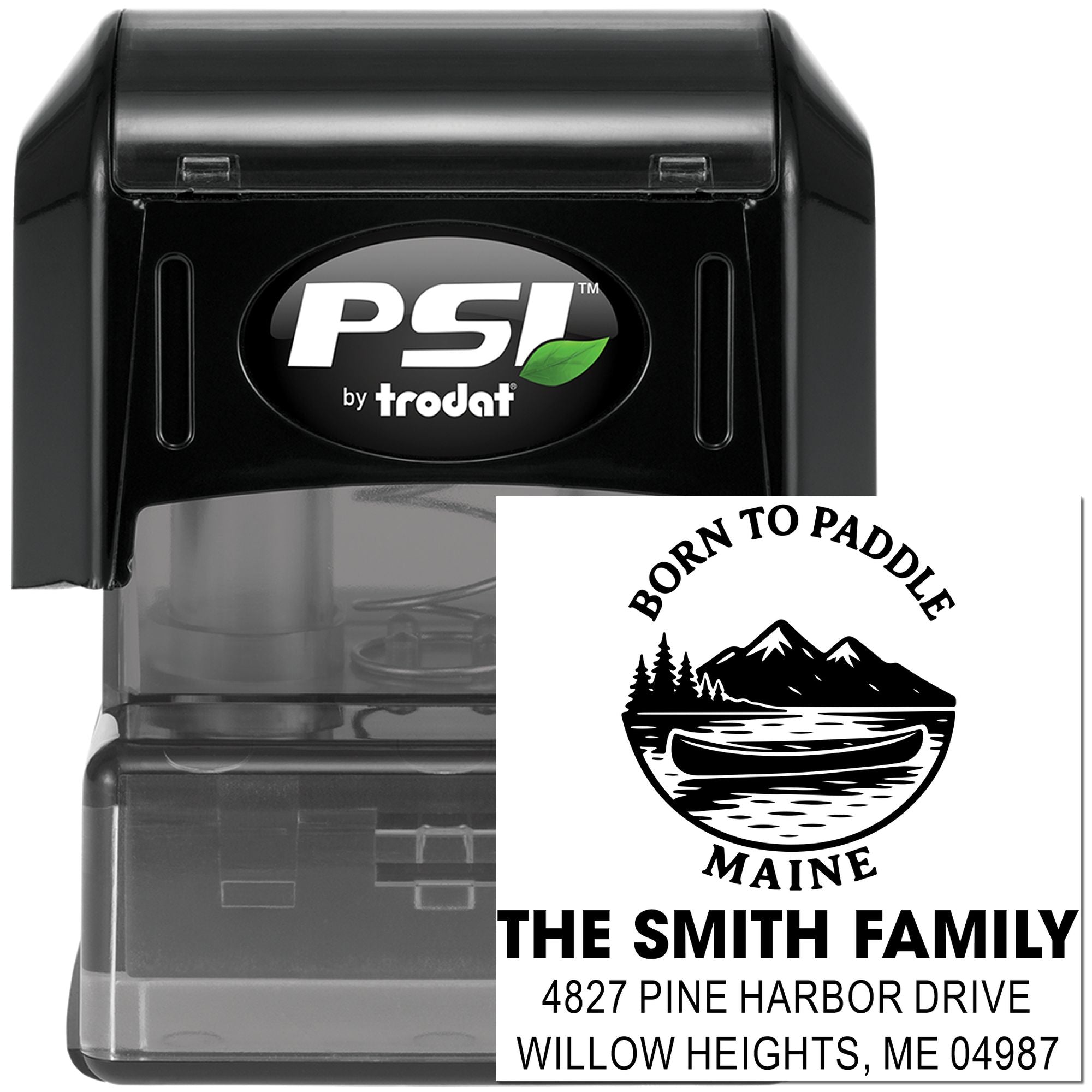 Custom PSI Trodat self-inking rubber stamp with personalized Born to Paddle Maine return address and family logo design.