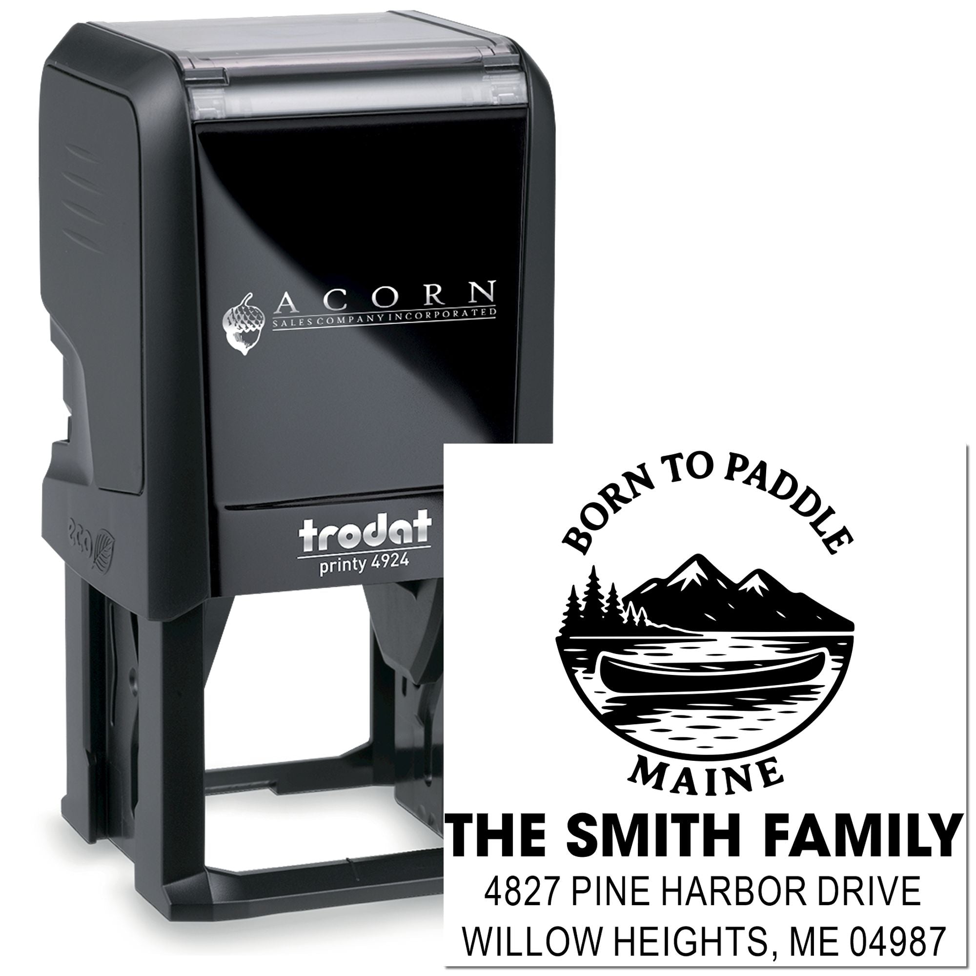 Custom self-inking rubber address stamp with family name, logo, and Maine return address for personalized mail.