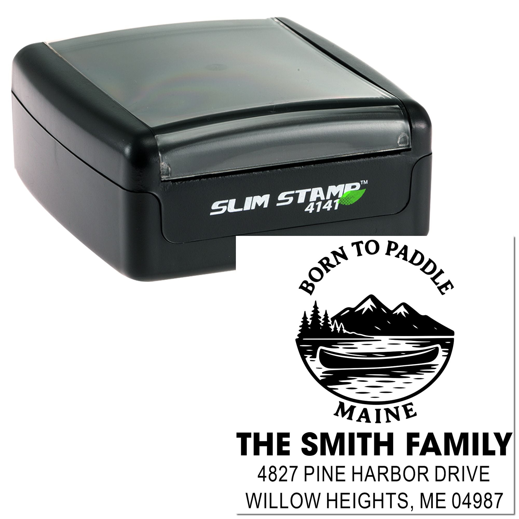 Custom self-inking rubber stamp with Maine canoe logo and return address for The Smith Family.