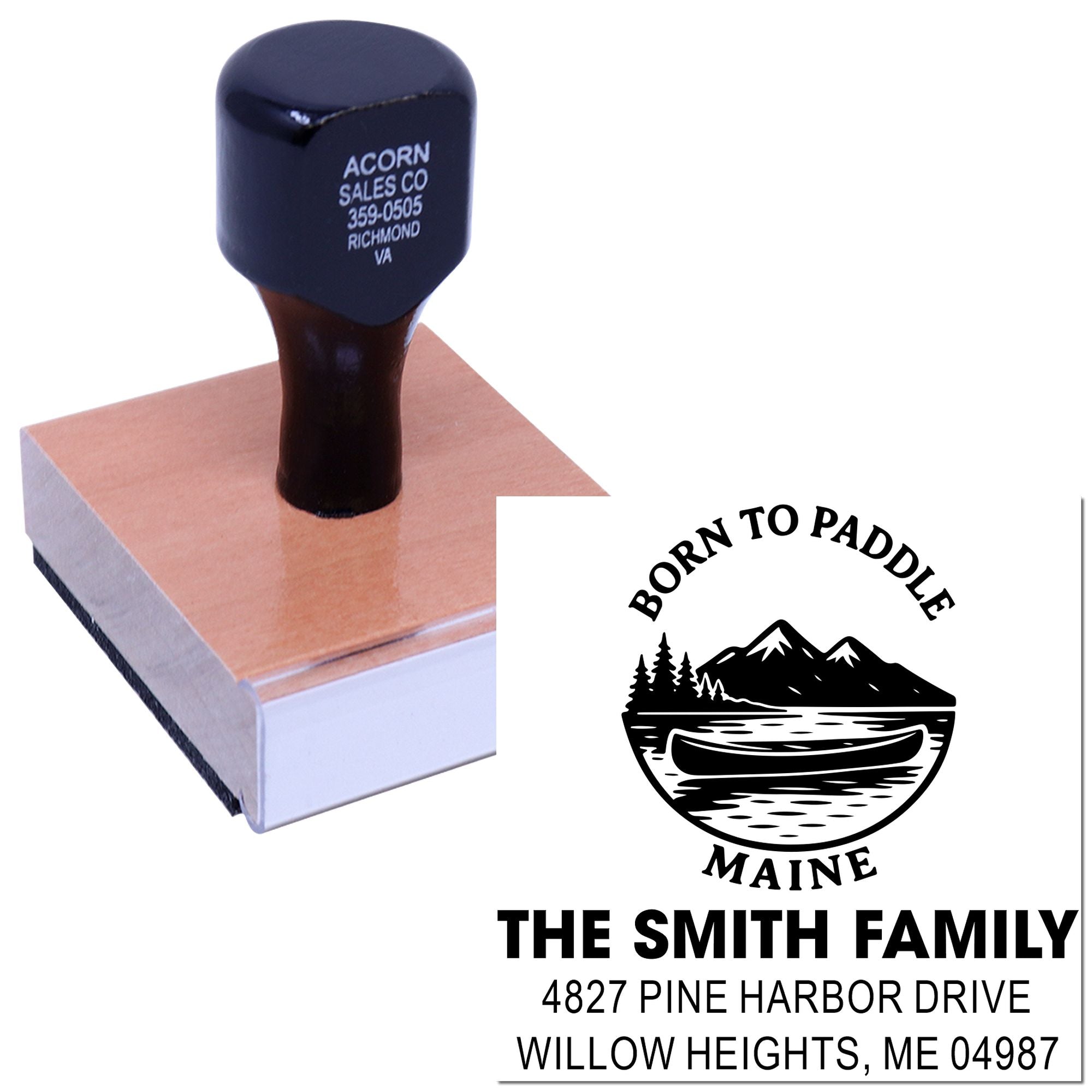 Personalized return address rubber stamp with family name, Maine canoe logo, and custom contact info