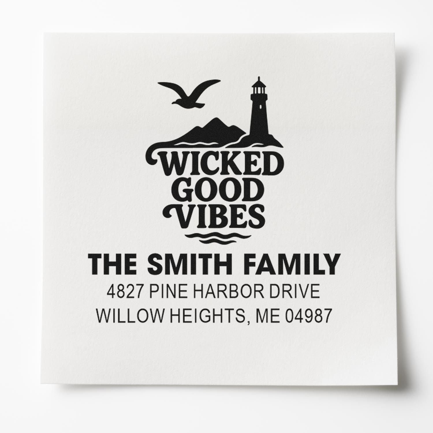 Custom return address rubber stamp with lighthouse design and Wicked Good Vibes for The Smith Family.