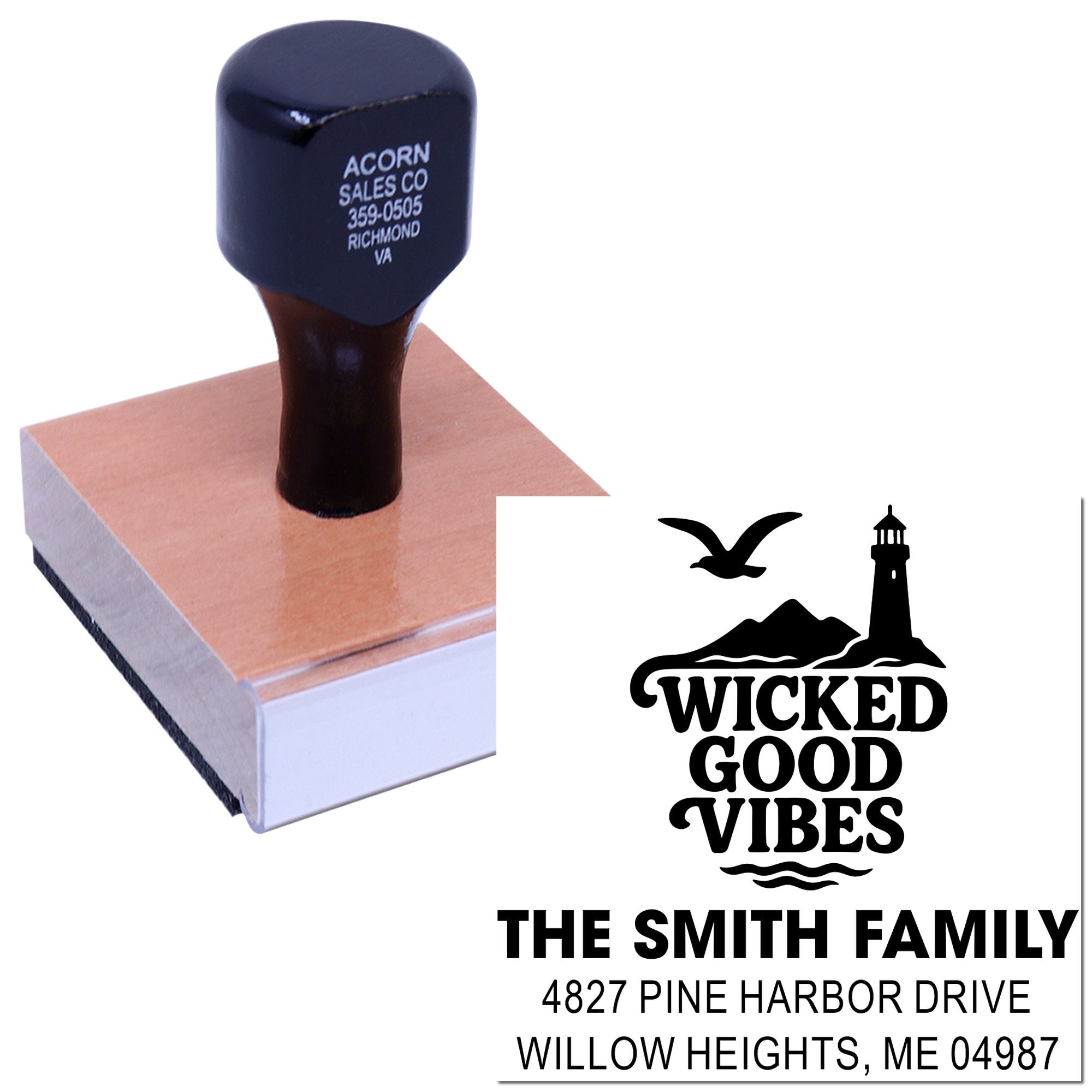 Custom rubber return address stamp with Wicked Good Vibes design for The Smith Family, Willow Heights, ME 04987.