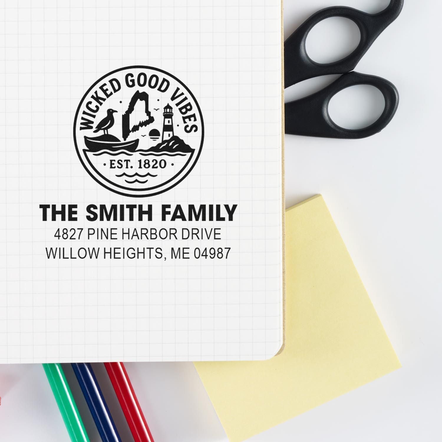 Custom return address rubber stamp with lighthouse logo for The Smith Family, a Maine coastal design with address imprint.