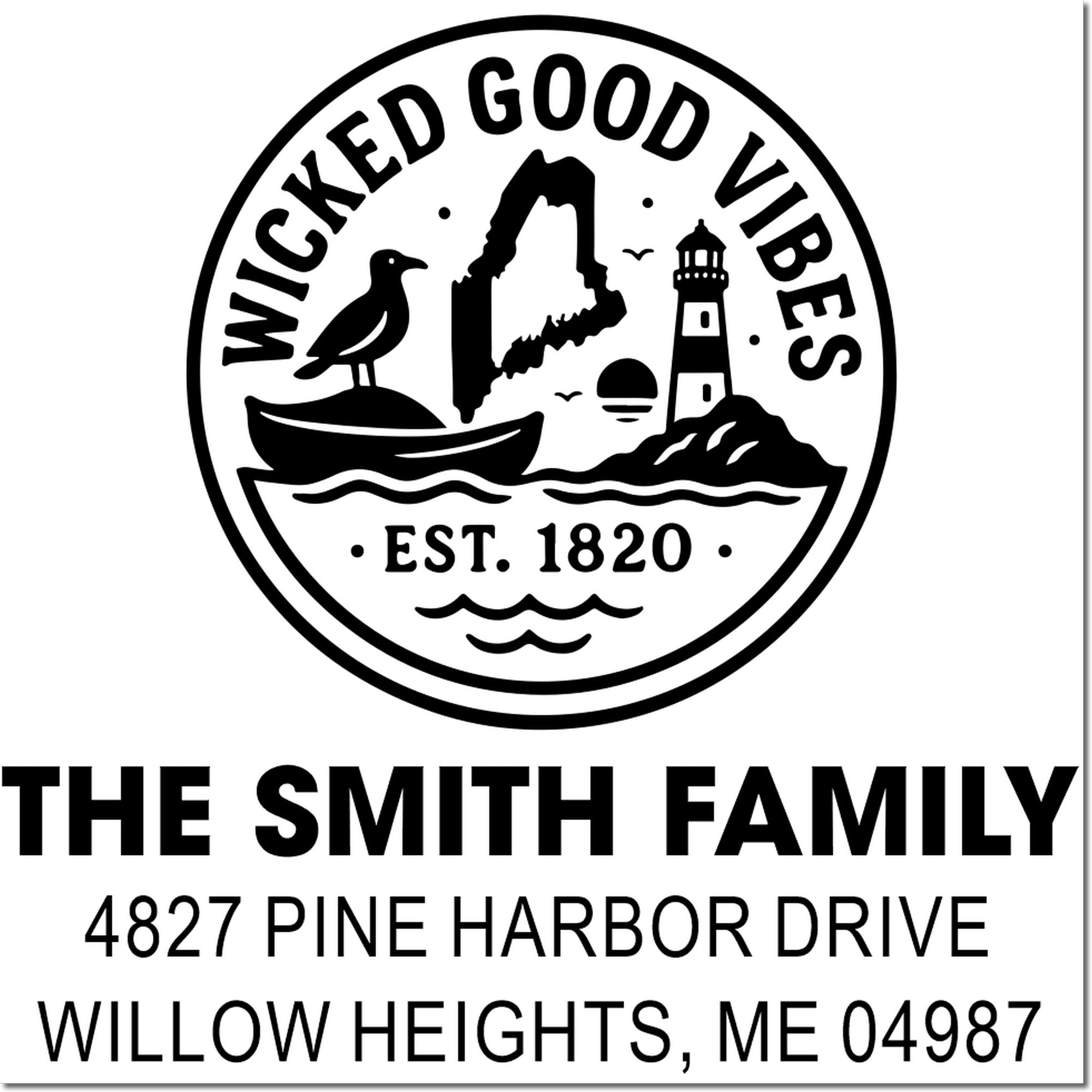 Custom Maine coastal return address rubber stamp for The Smith Family, with lighthouse, boat, and Wicked Good Vibes design.