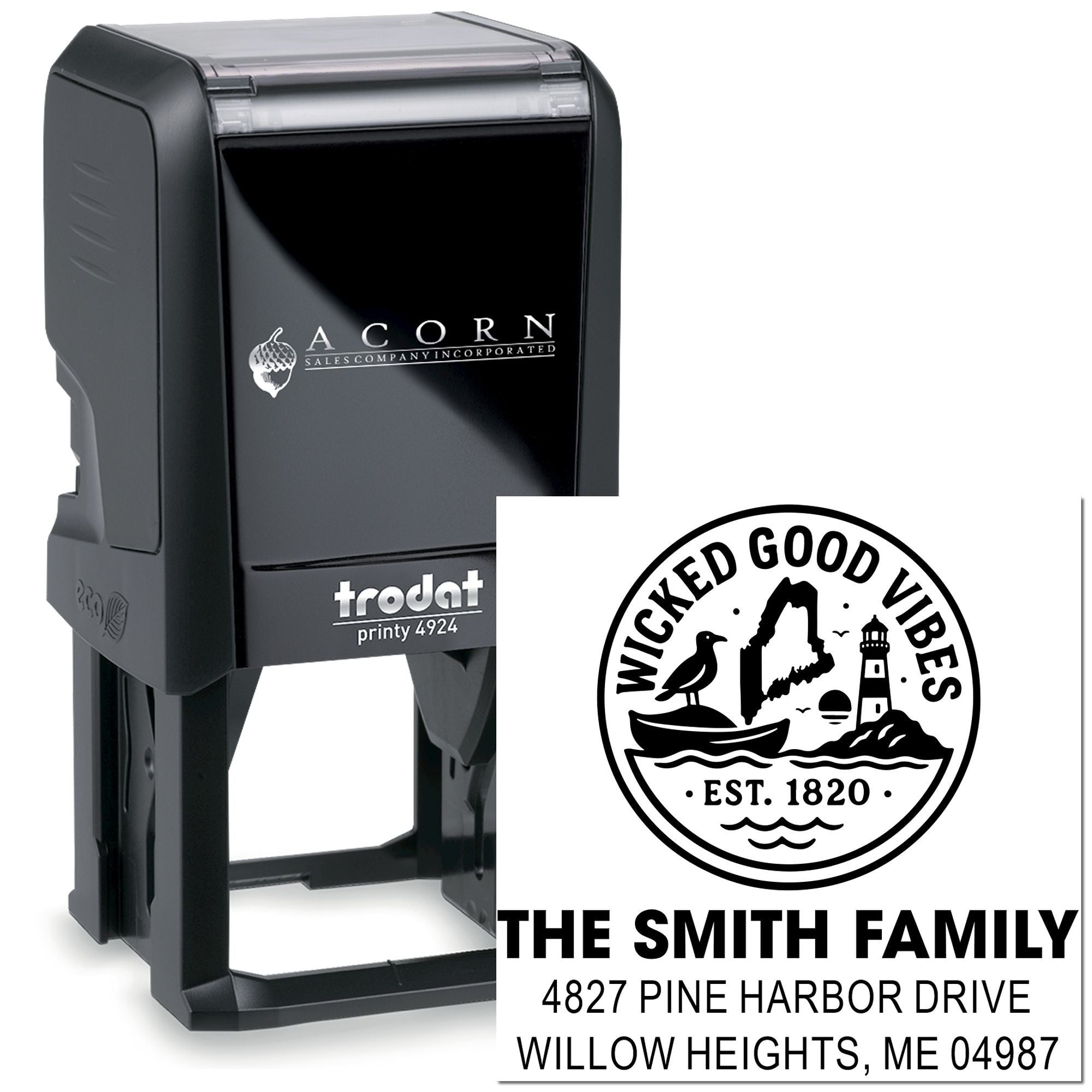 Custom self-inking rubber stamp for The Smith Family return address, featuring coastal Maine-inspired artwork.